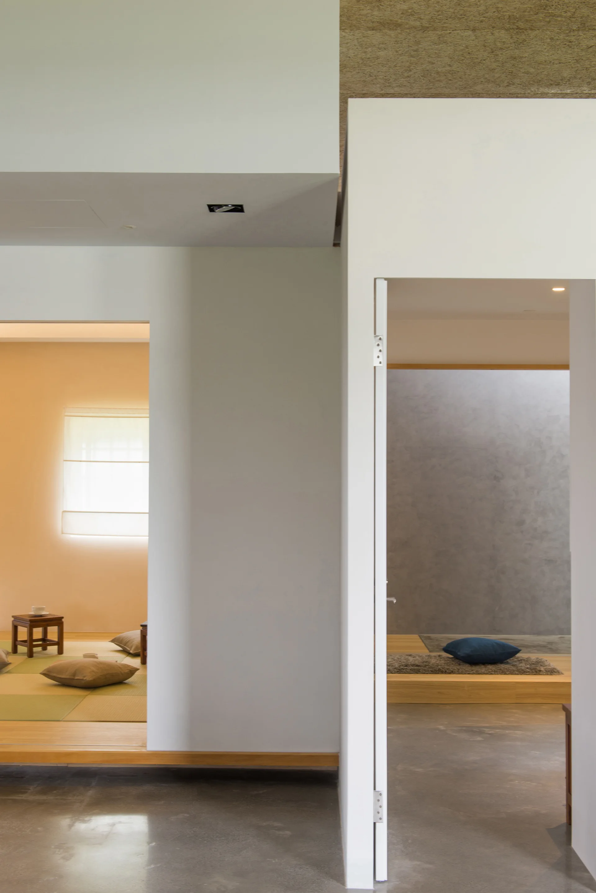 View through doorways of a minimalist home showing a polished concrete floor, a raised tatami room with cushions, and a grey accent wall.