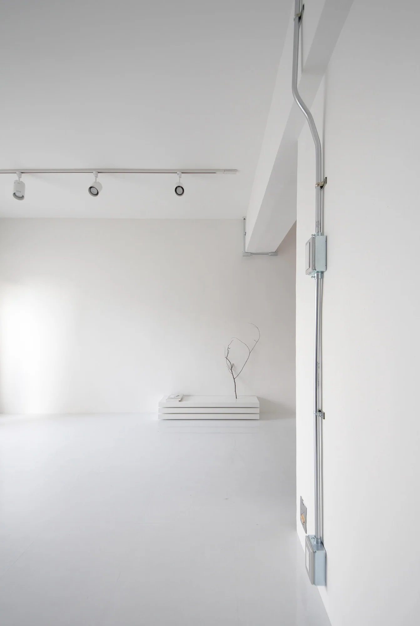 An all-white minimalist room features track lighting, an exposed metal conduit on a foreground column, and a low slatted bench with a dry branch.