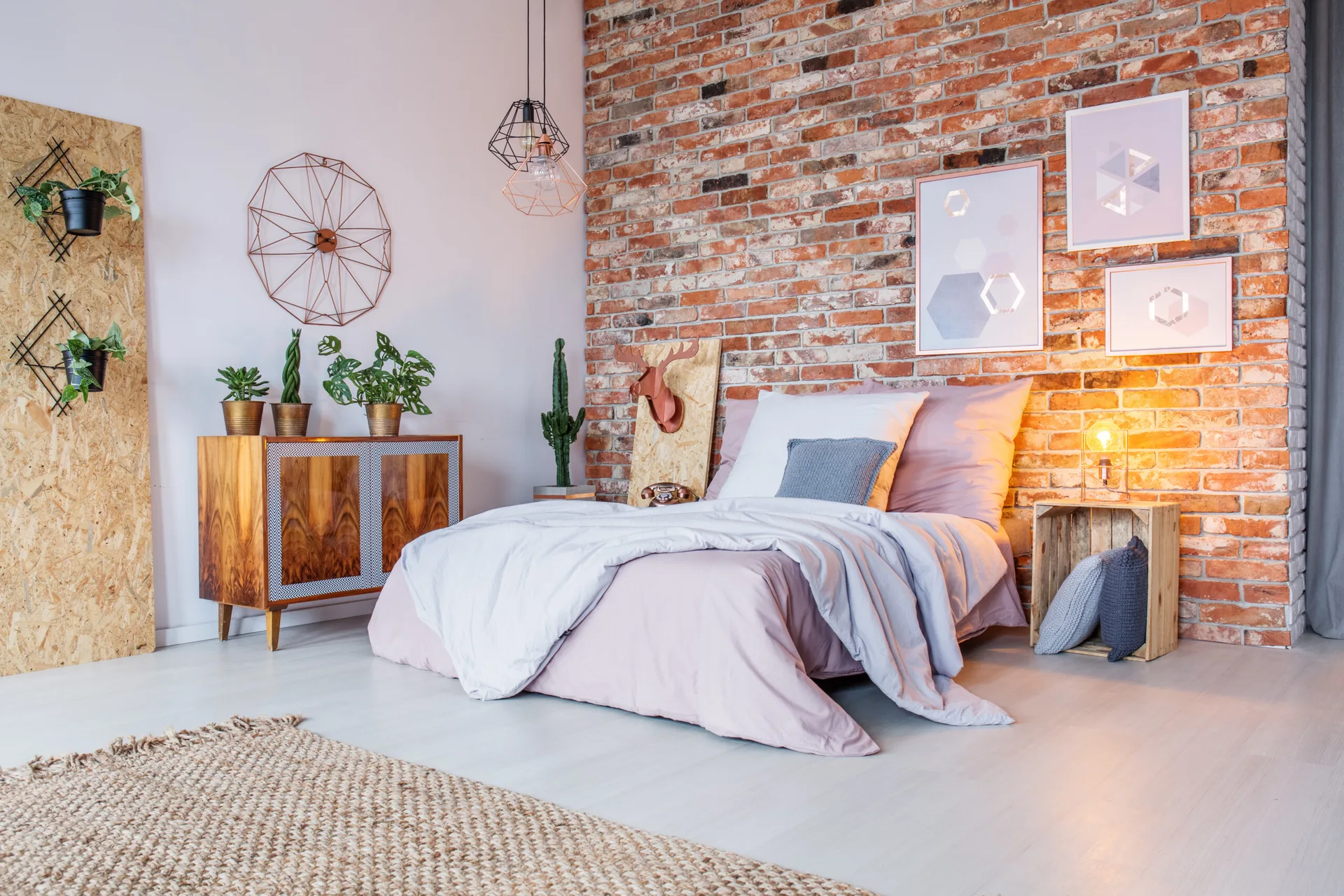 A modern bedroom features a platform bed with pink and grey bedding against an exposed red brick wall beside a wooden plant cabinet.