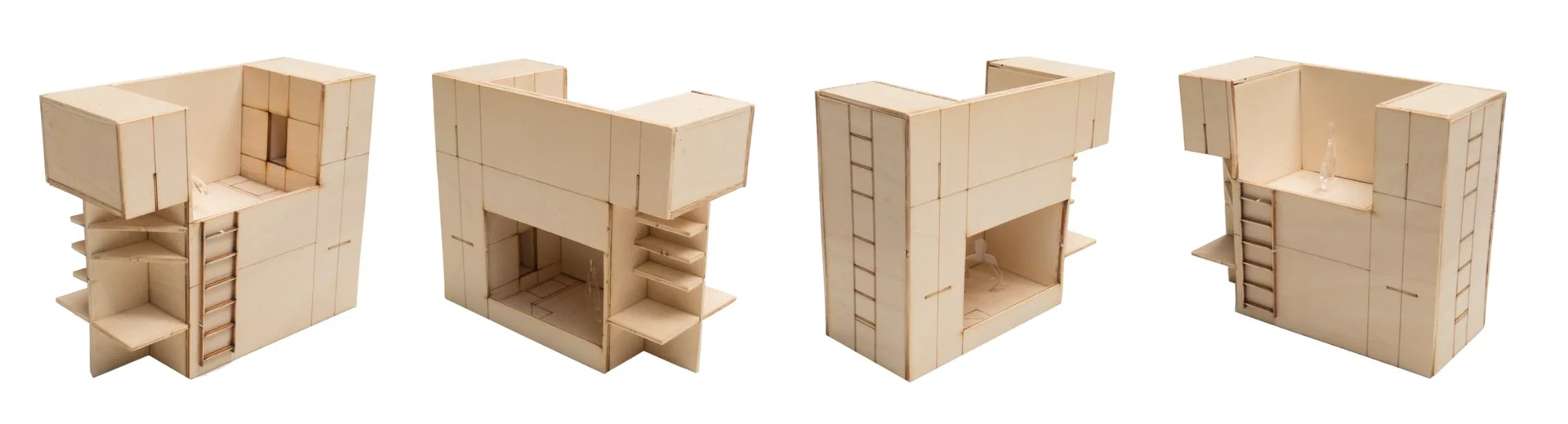 Four perspective views of a light plywood architectural scale model featuring miniature ladders, built-in shelving, and micro rooms on a white background.