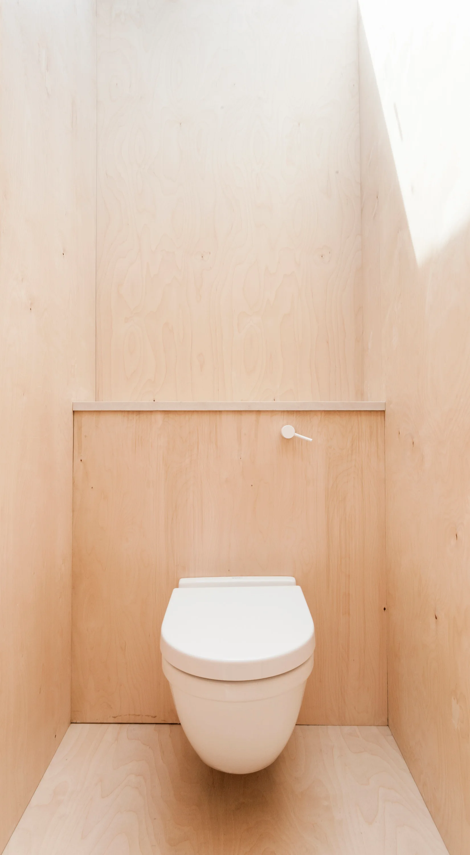 A minimalist powder room features a white ceramic toilet mounted against a light wood plywood wall with matching plywood flooring.