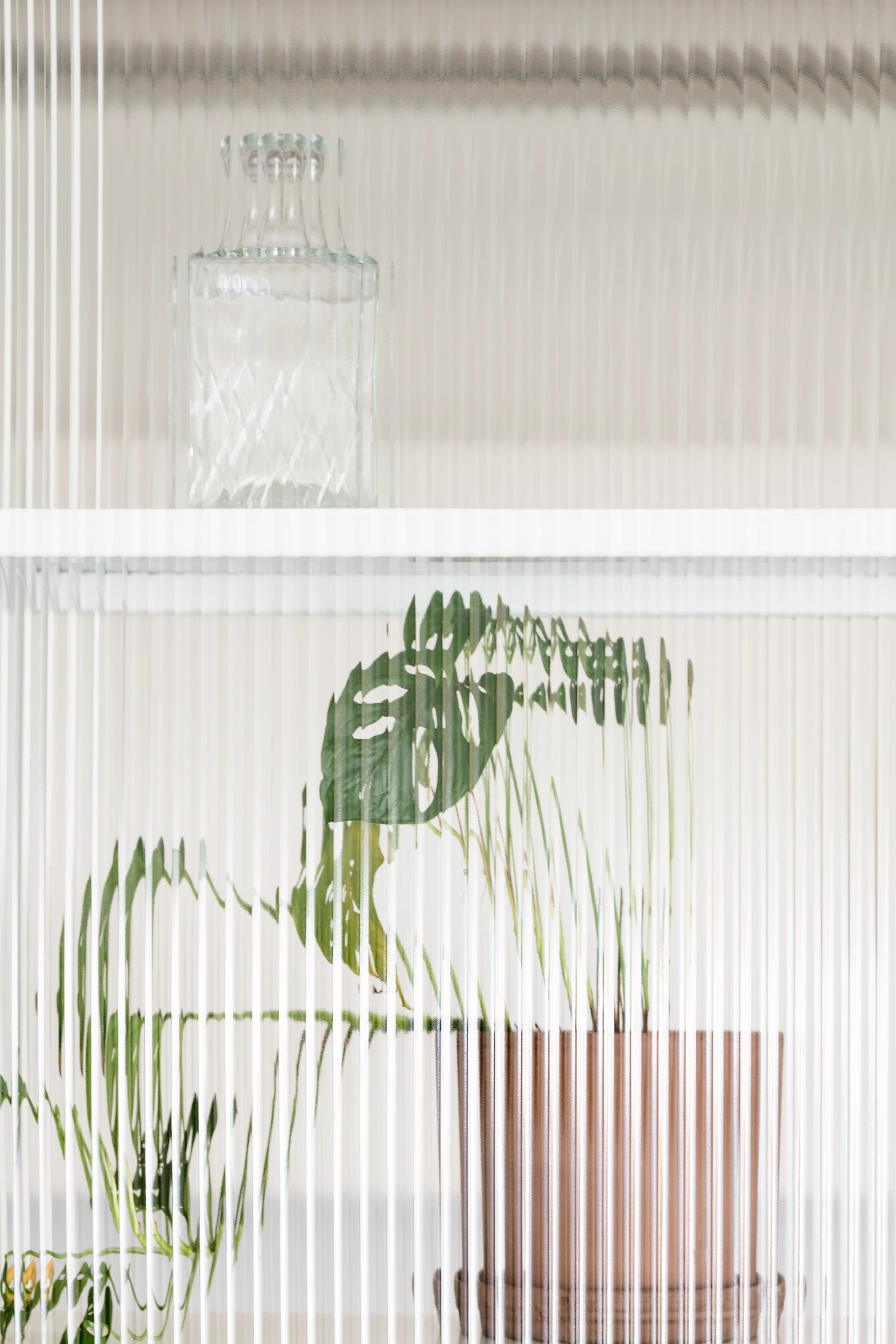 A close-up of a white cabinet with a textured fluted glass door revealing a clear vase and a potted plant on shelves.