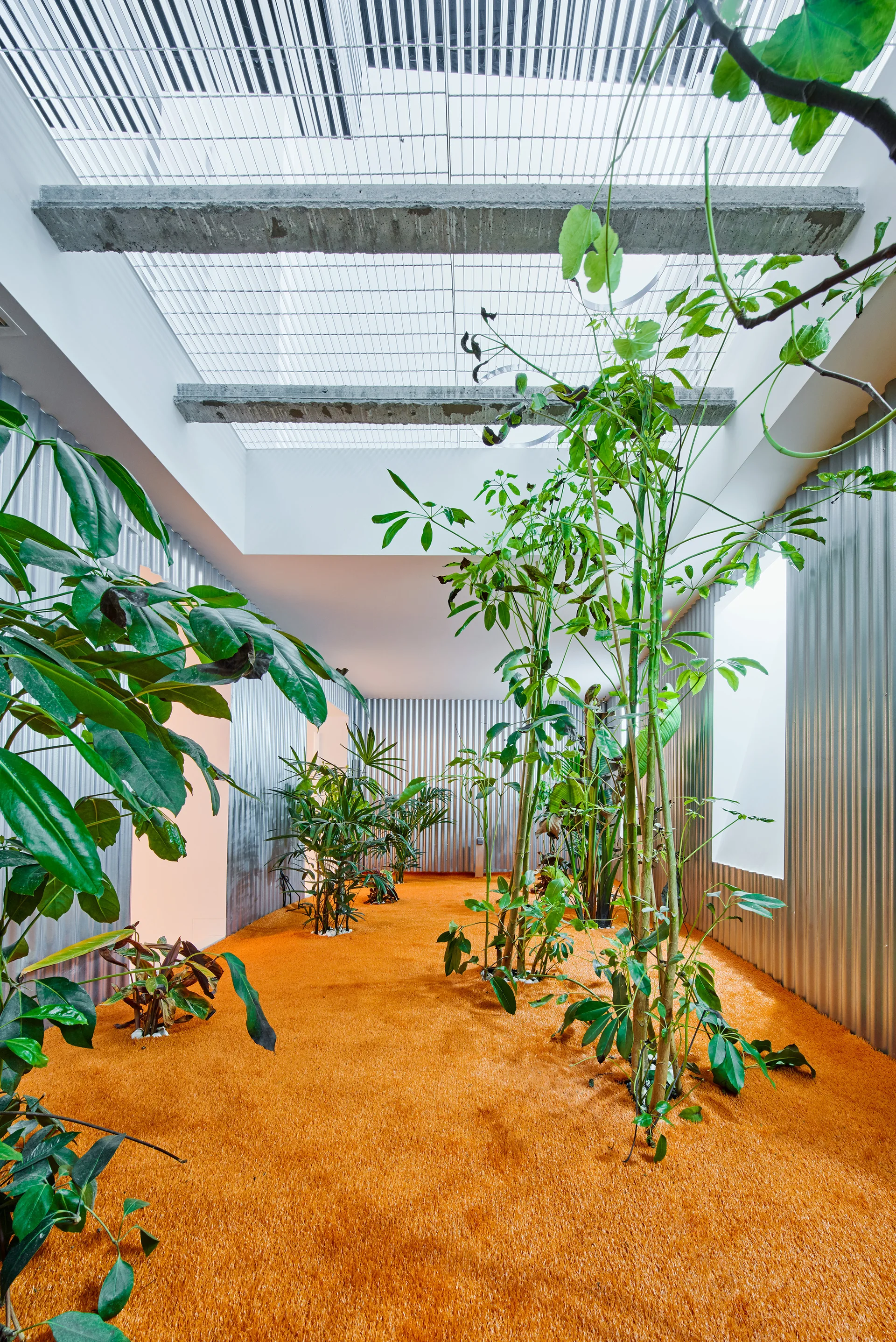 An indoor garden space features bright orange flooring, corrugated metal walls, green potted plants, and concrete ceiling beams under a metal grid.