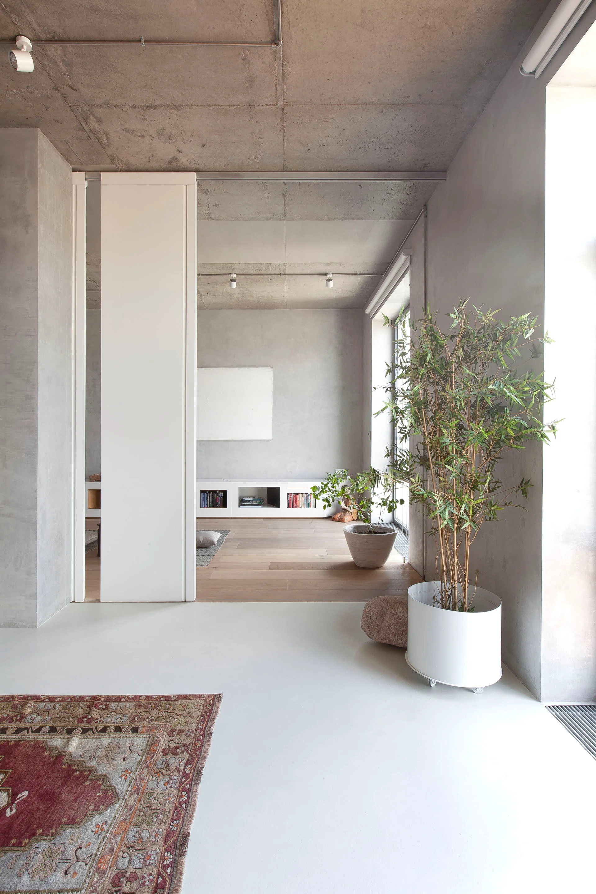 A minimalist living room showing a white resin floor transitioning to wood, an exposed concrete ceiling, a tall sliding door, and a potted plant.