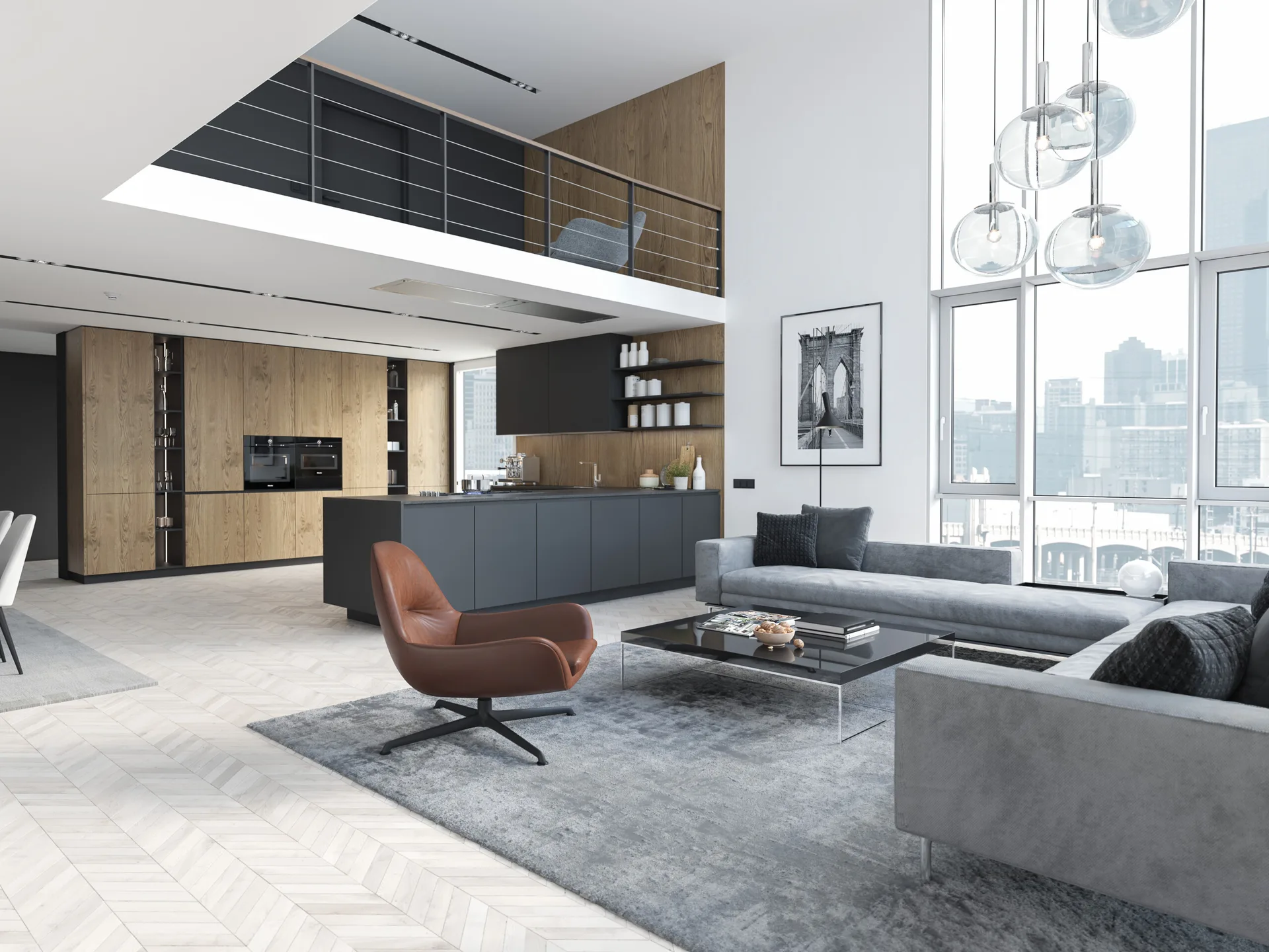 A double-height living room features a grey sectional, a cognac leather armchair, and a kitchen beneath a modern mezzanine.