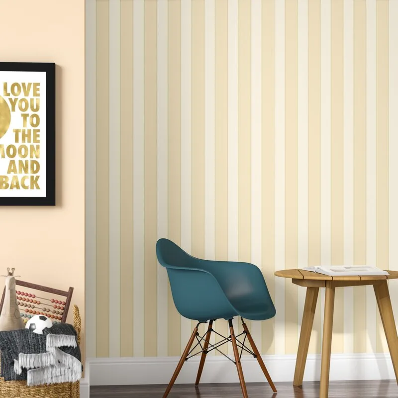A modern teal armchair sits beside a round wooden table against a backdrop of beige and white vertical striped wallpaper.