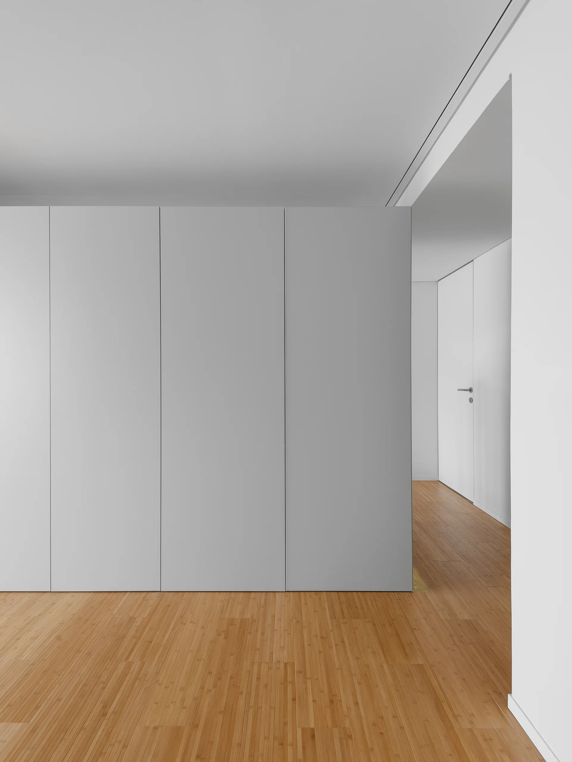 Floor-to-ceiling minimalist wardrobe doors in a neutral grey tone stand next to an open doorway with light wood plank flooring.