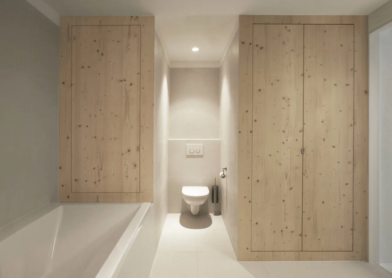 A minimalist bathroom featuring a white bathtub, a wall-mounted toilet in a recessed alcove, and seamless light wood panel cabinetry.