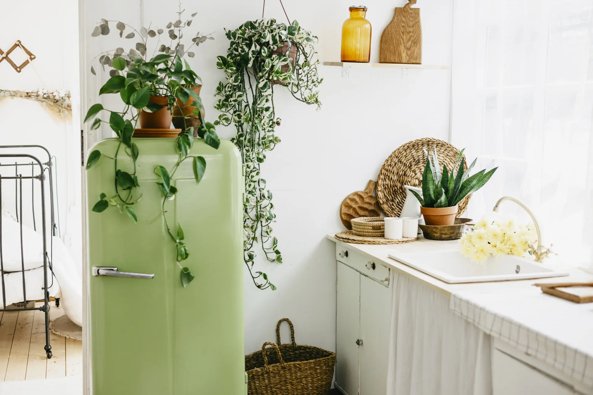 A bright rustic kitchen with a vintage green refrigerator covered in trailing plants next to a white sink and wooden counters with woven decor.