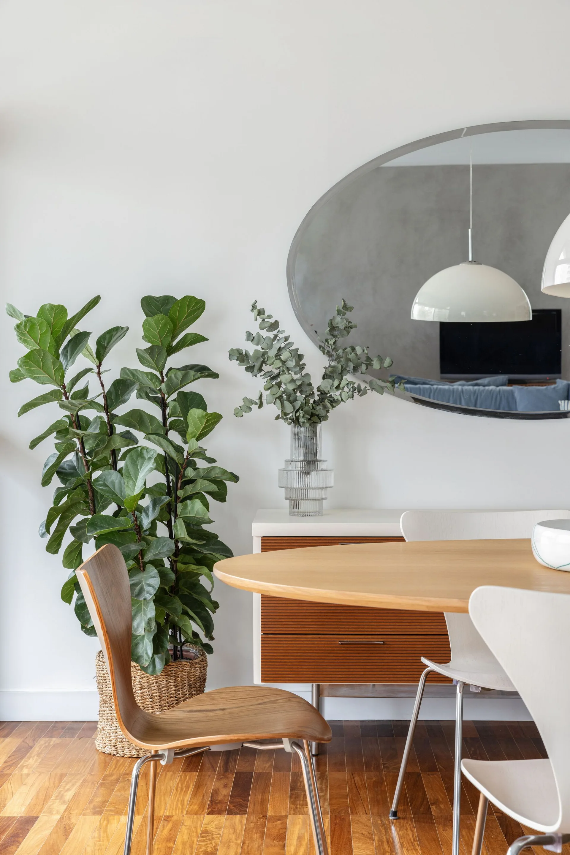An oval wooden dining table is surrounded by mid-century modern chairs near a white sideboard, a large fiddle leaf fig, and an oval wall mirror.