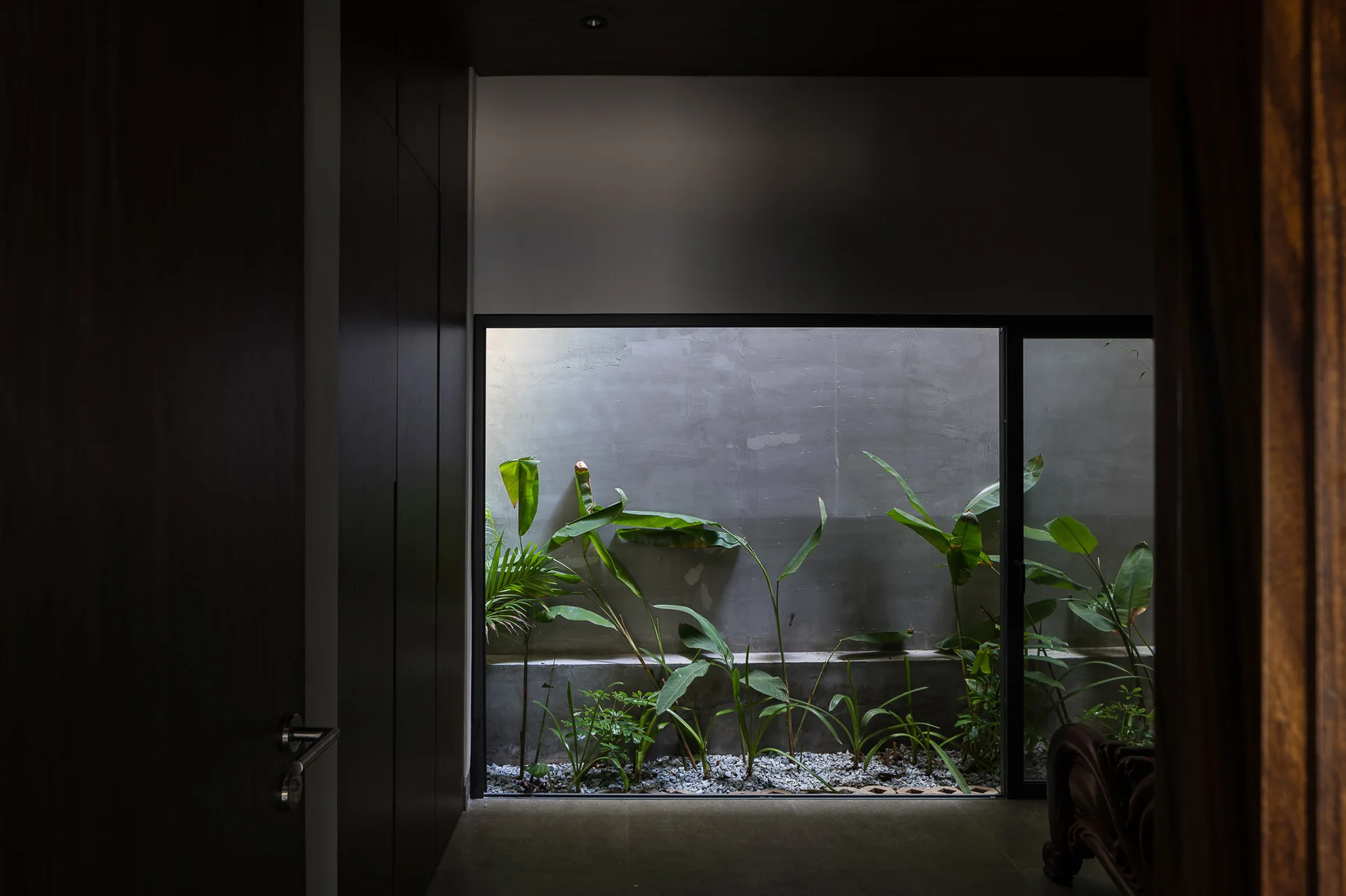 A dark minimalist interior hallway with a large glass window looking out at a small outdoor courtyard with green tropical plants and grey gravel.