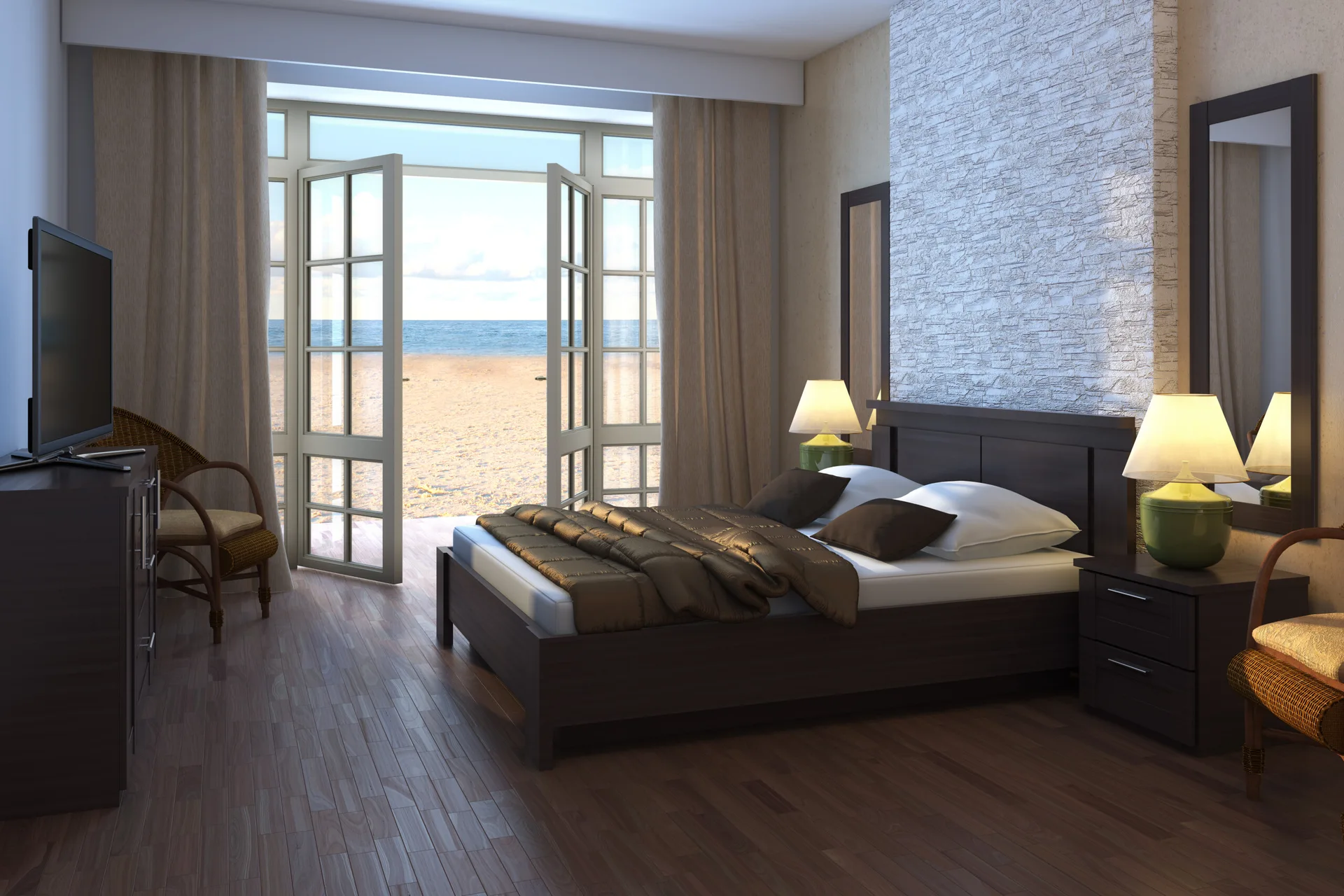 A coastal bedroom features a dark wood bed, stacked stone accent wall, and open French doors that lead to a sandy beach.