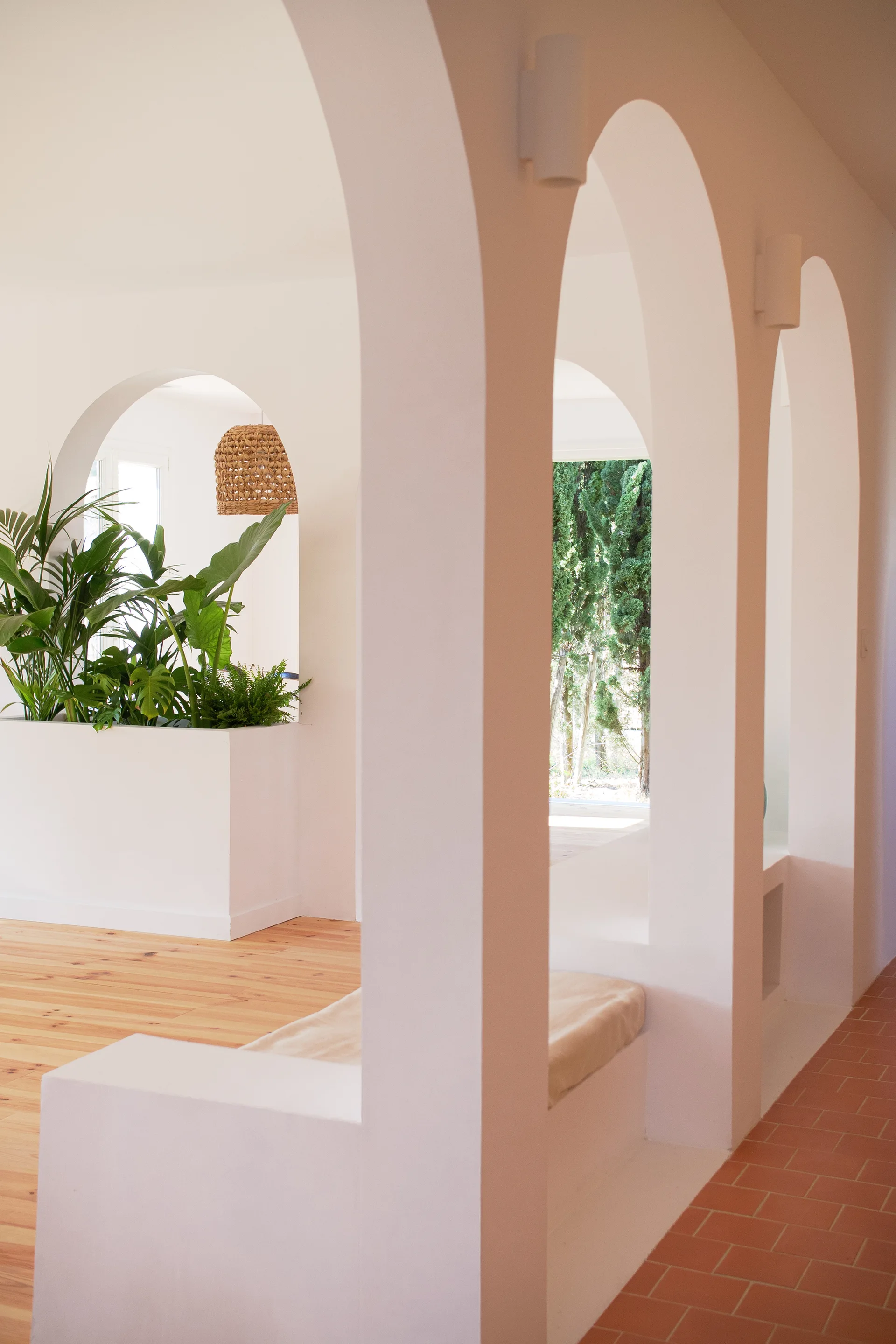 White plaster architectural arches frame a living space featuring a built-in bench, light wood floors, and leafy green indoor plants.