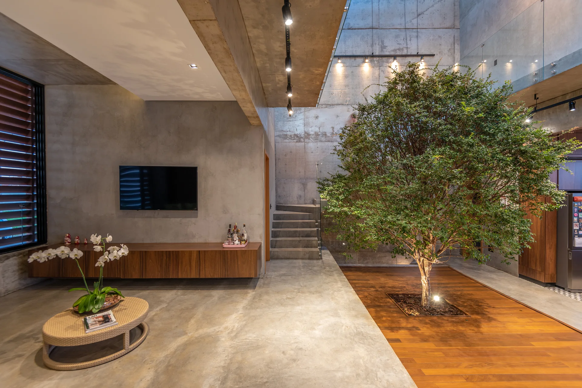 A minimalist living room with raw concrete walls, a concrete staircase, a floating wood console, and a tall live tree planted in a wood floor insert.