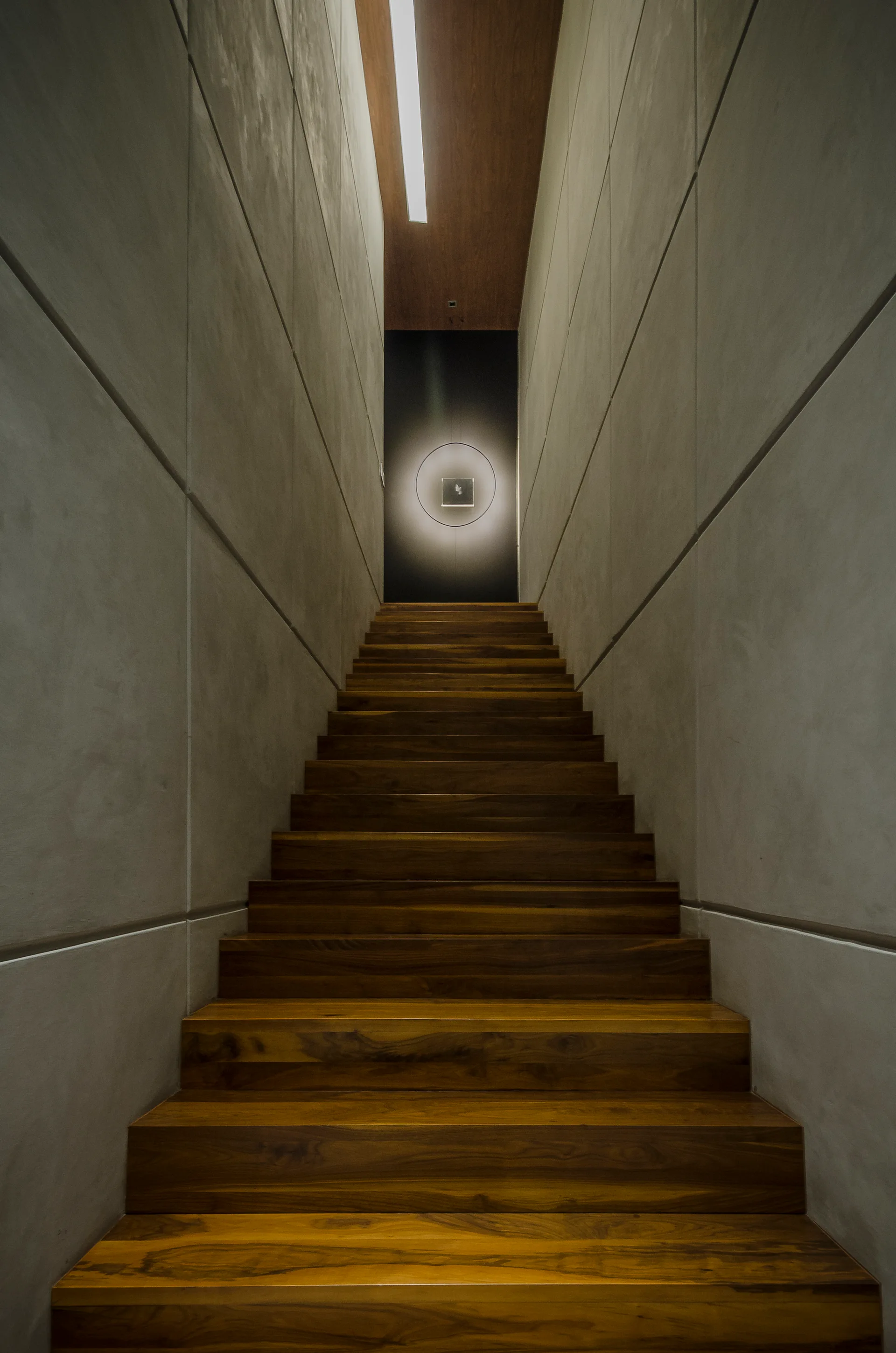A straight wooden staircase rises between grey concrete paneled walls toward a black accent wall with a circular backlit frame at the top.
