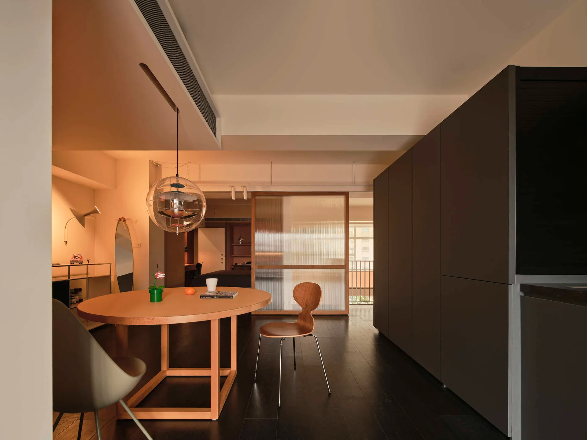Project E Apartment, longwave studio, Interior, Lighting, Table, Chair