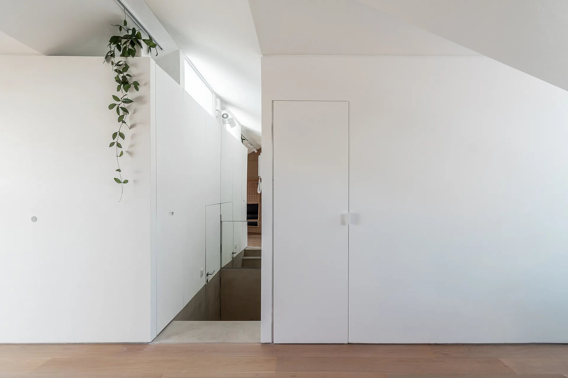 A minimalist hallway features white walls with a flush hidden door, a descending staircase with a glass railing, and light wood flooring.
