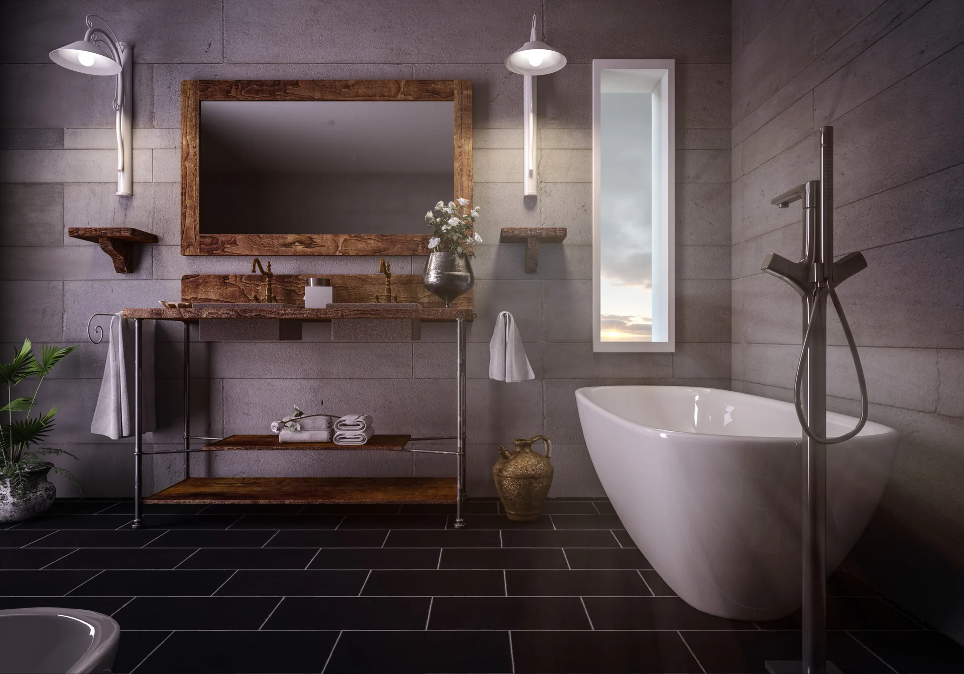 A rustic bathroom features a grey stone block wall, an open wood console vanity with a matching mirror, and a white freestanding bathtub on dark floor tiles.
