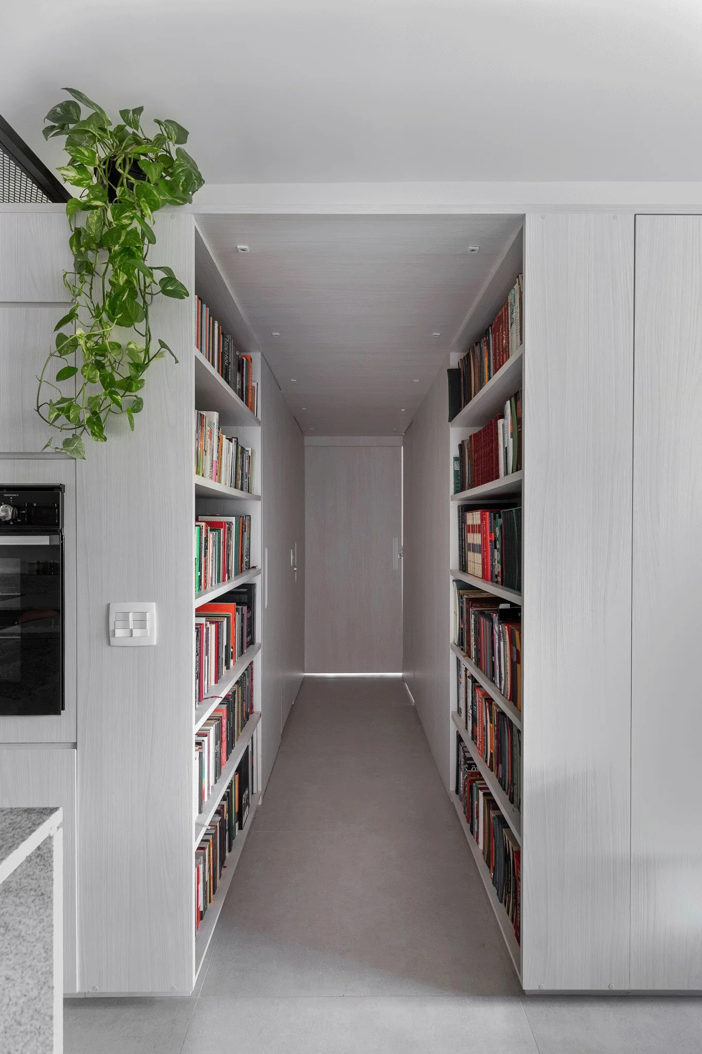 A narrow white hallway features symmetrical built-in bookshelves on both sides leading to a flush wood door with a trailing plant on top.