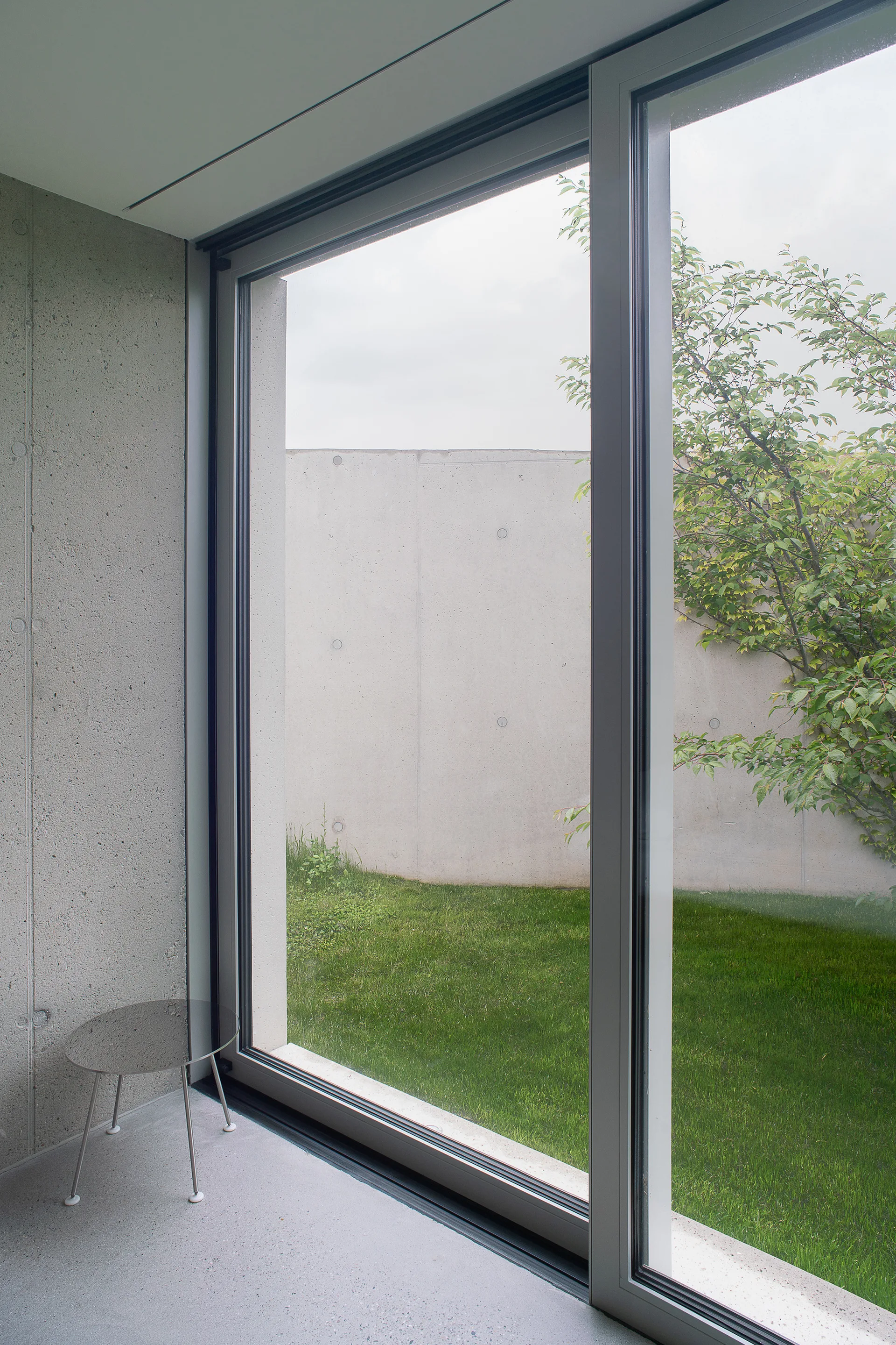 A minimalist room with raw concrete walls and floors features a large sliding glass door looking out onto a grassy courtyard with a tree.