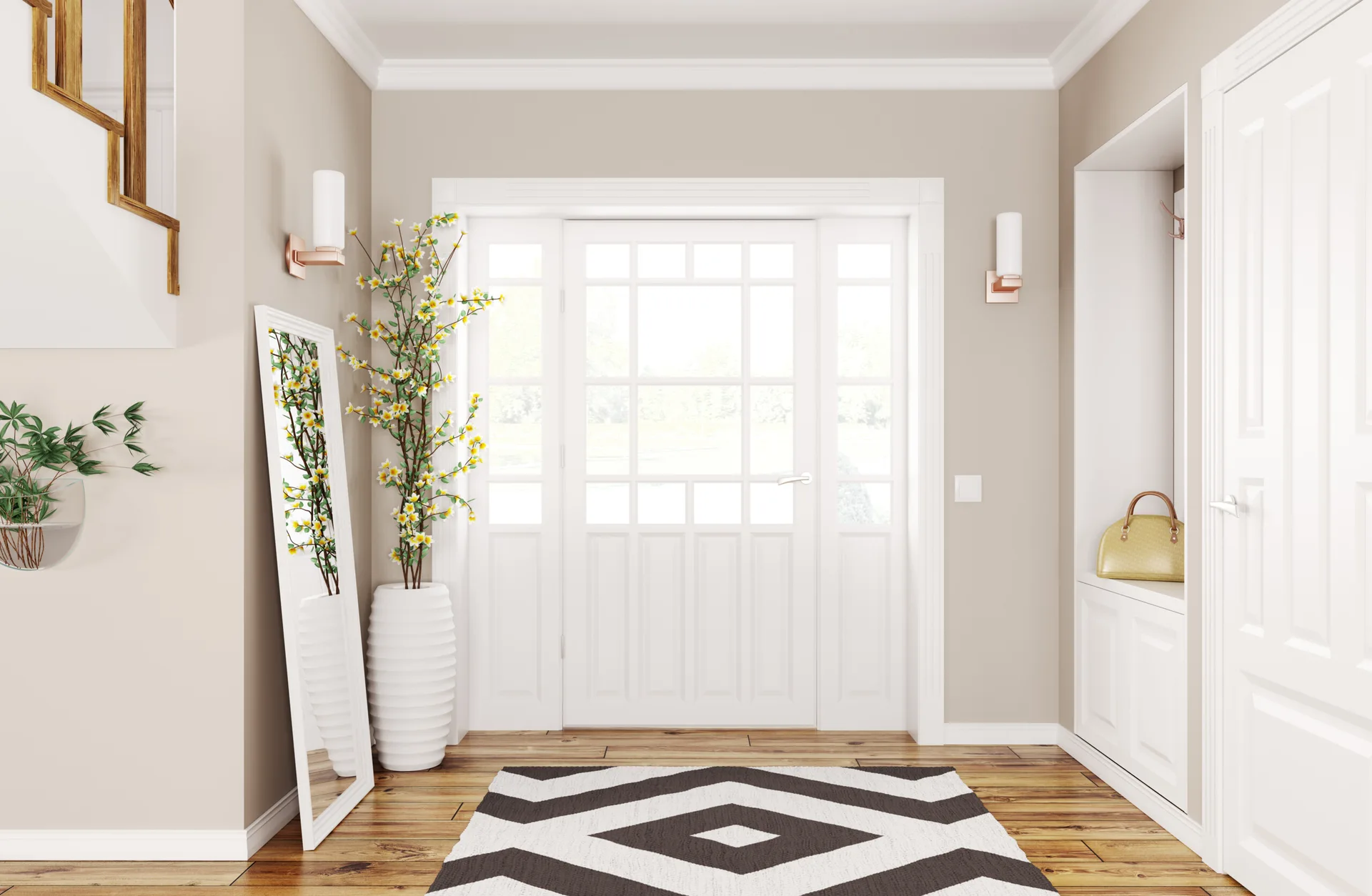 A bright entryway features a white front door, a black and white geometric rug, a tall leaning floor mirror, and a built-in storage bench.