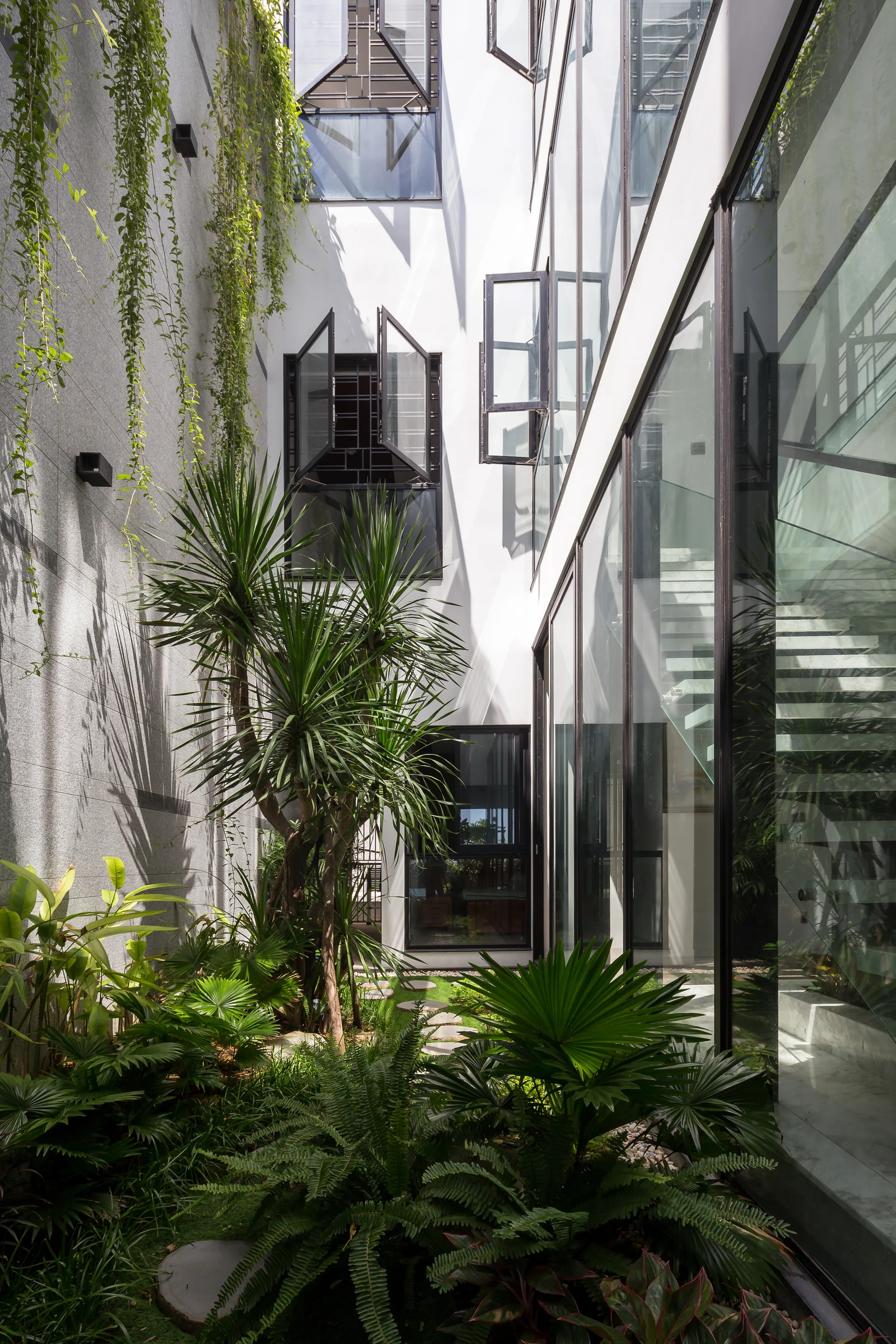 A narrow modern courtyard features lush green plants, stone stepping stones, a gray stucco wall with climbing vines, and a tall glass facade.