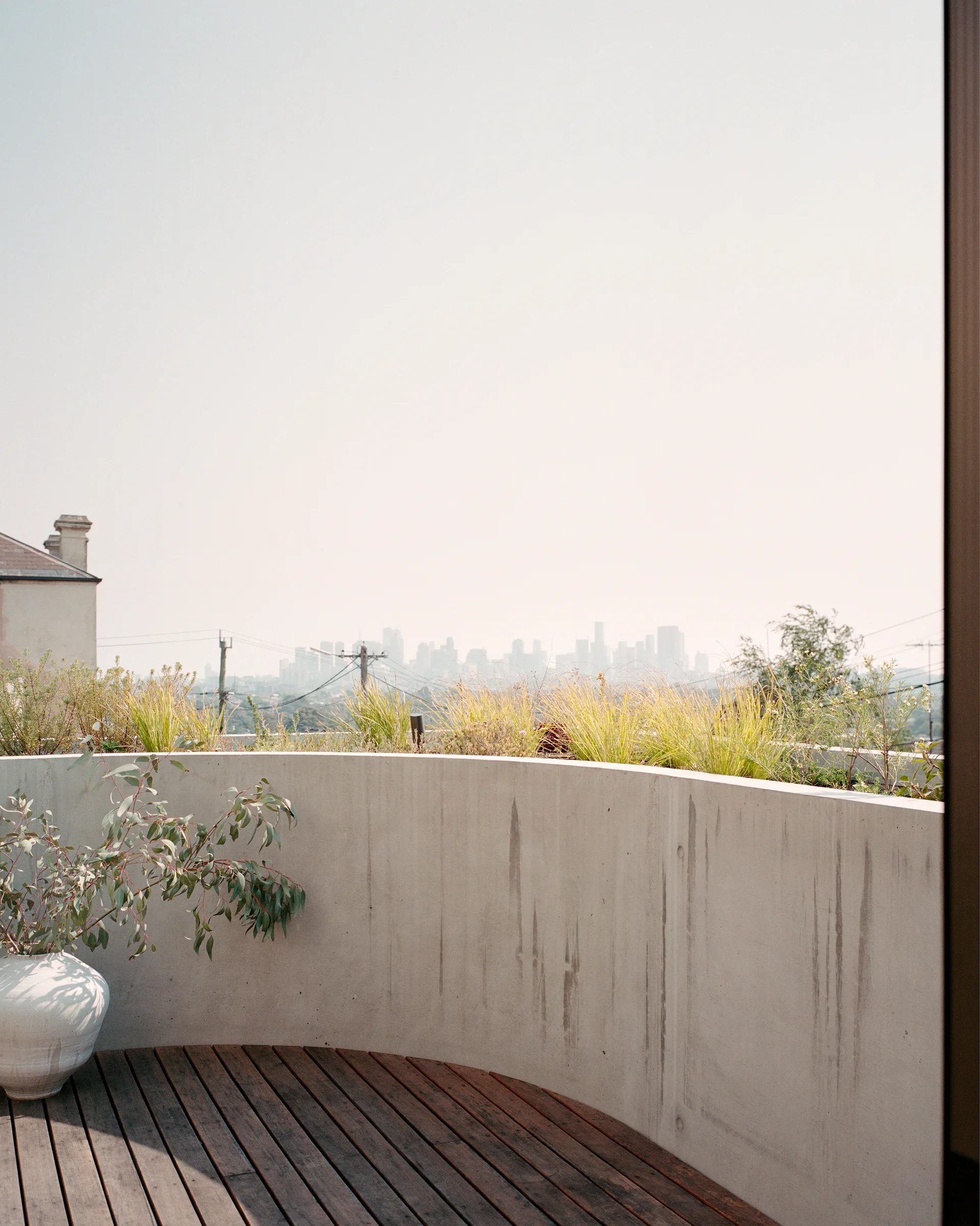 A curved concrete balcony wall frames a wooden deck with a potted eucalyptus plant, overlooking a distant city skyline under a pale sky.