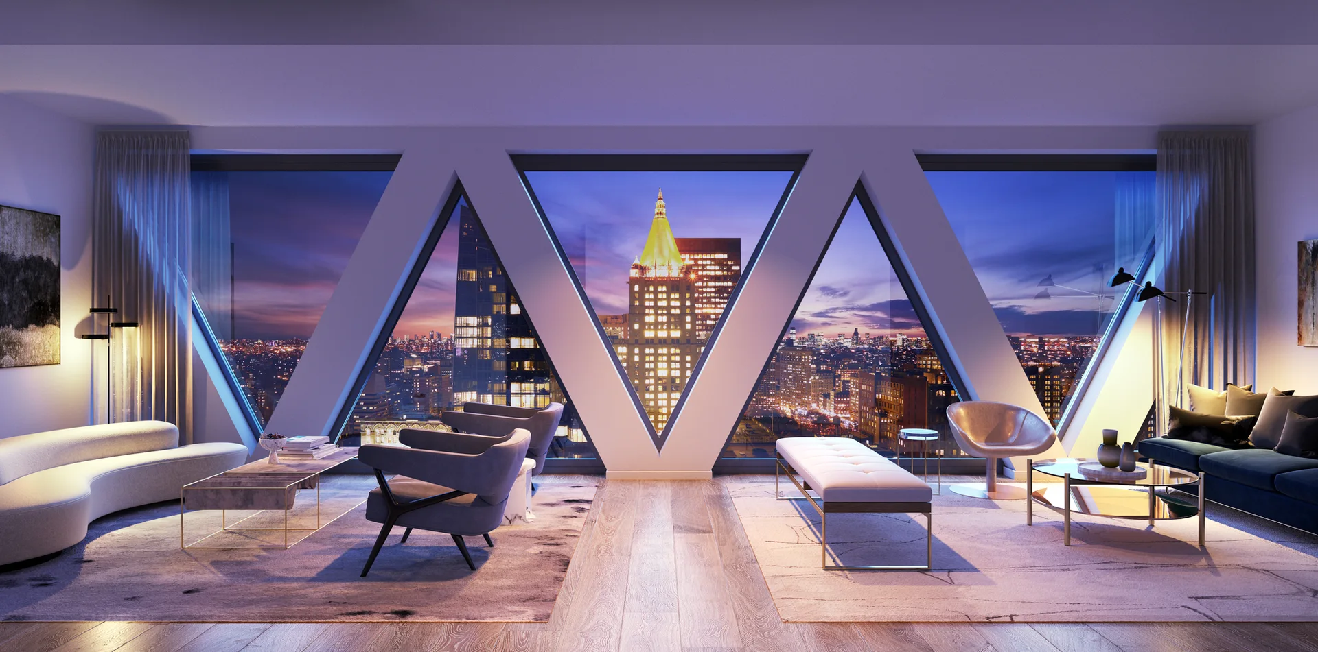 A contemporary high-rise living room featuring large triangular windows that frame a twilight city skyline view, furnished with modern sofas and armchairs.