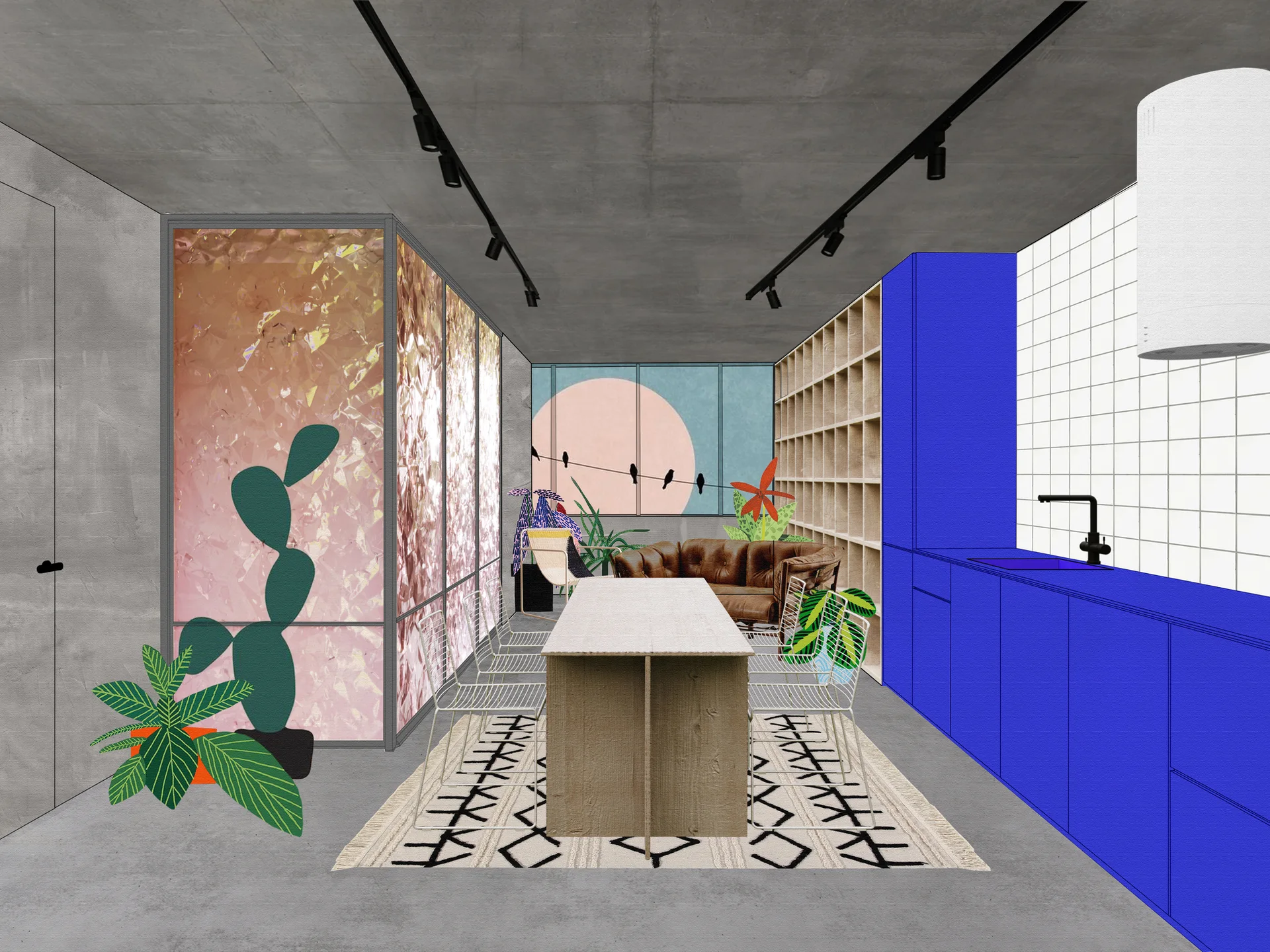 Architectural visualization of an open-plan concrete room featuring vibrant blue kitchen cabinetry, a central dining table, and a patterned rug.