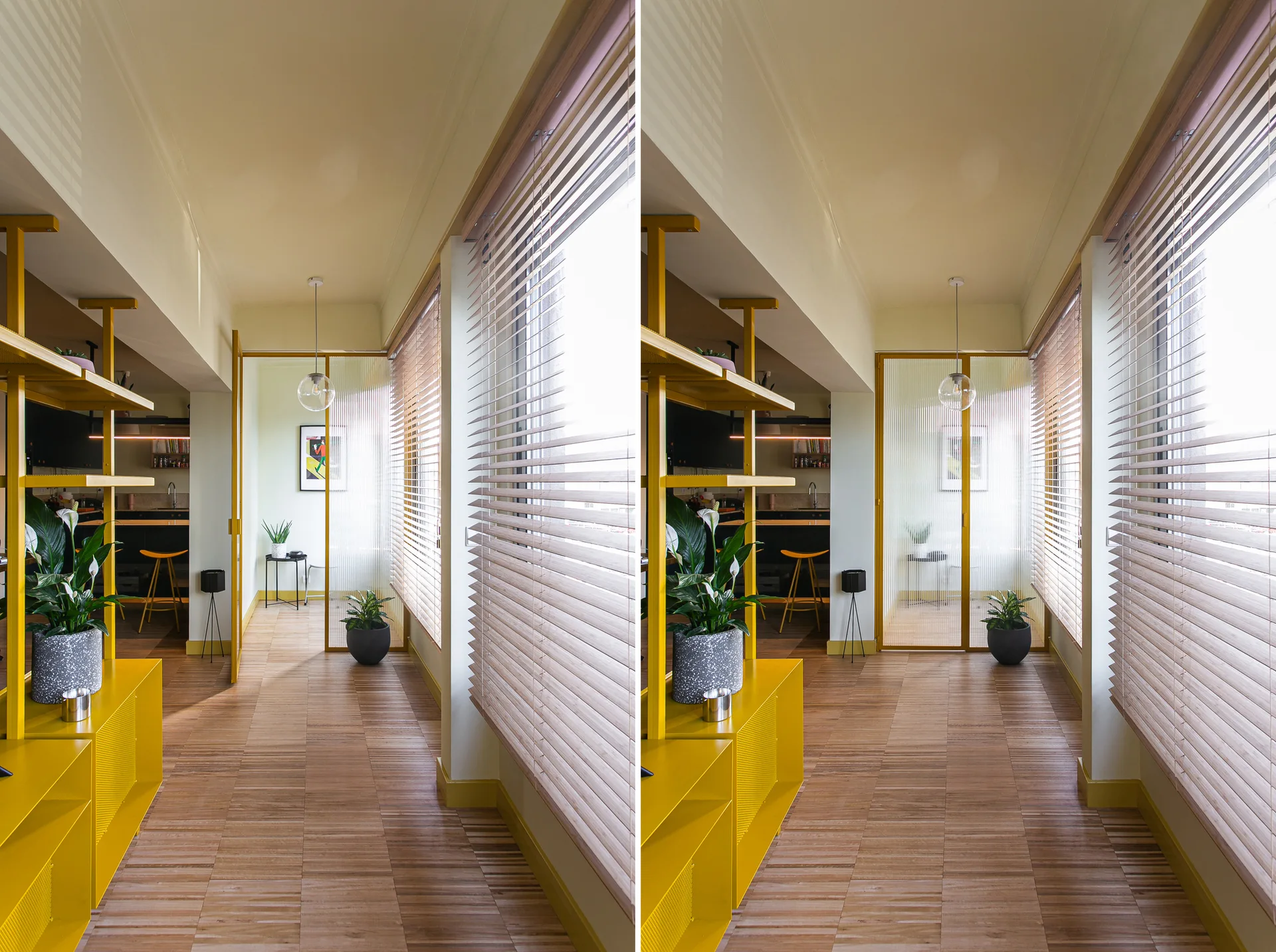 A bright hallway features a custom yellow metal shelving unit, wood plank flooring, and a fluted glass sliding partition door.