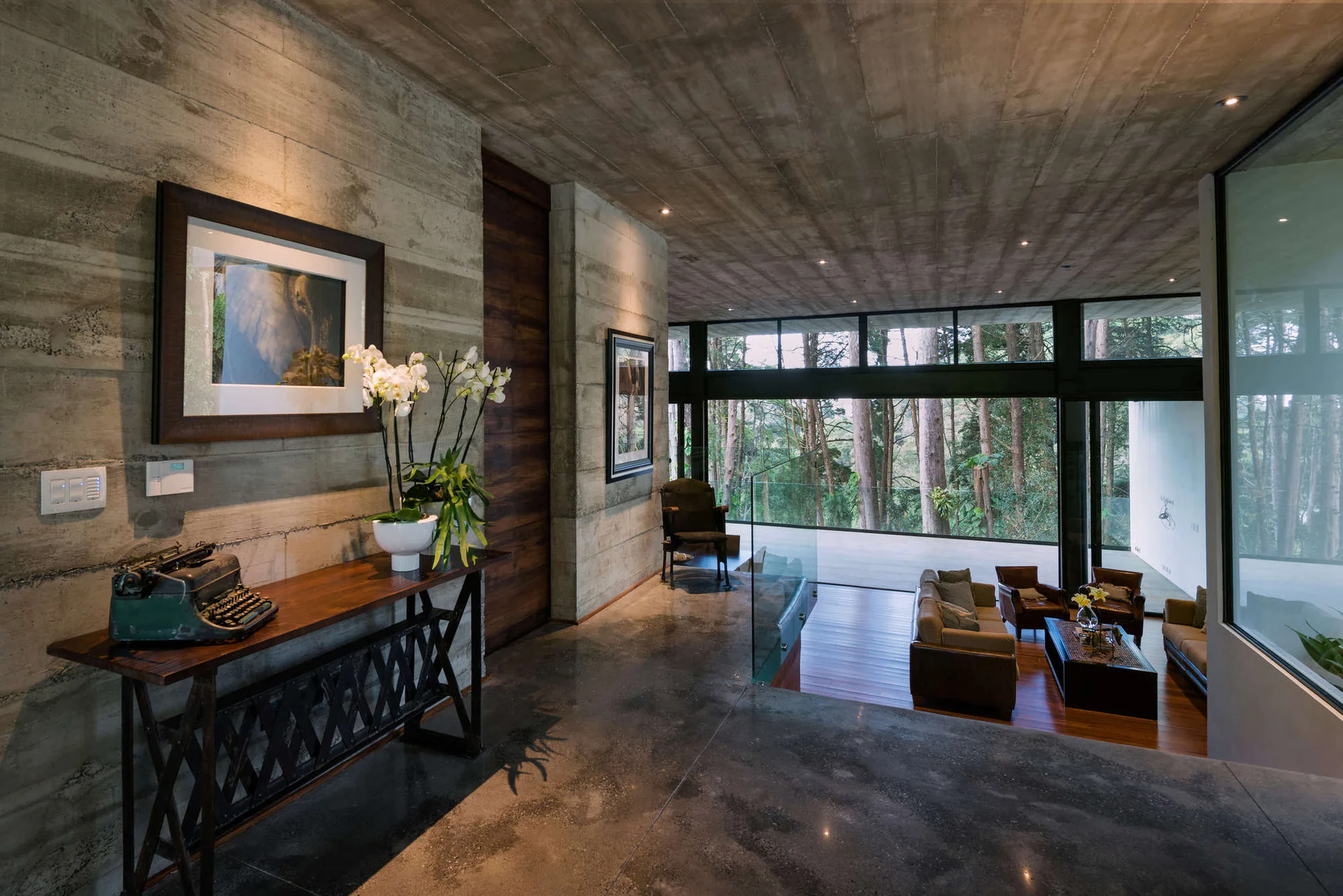A split-level home entry with a wood console table and concrete walls overlooks a living area with leather sofas and large windows facing a forest.