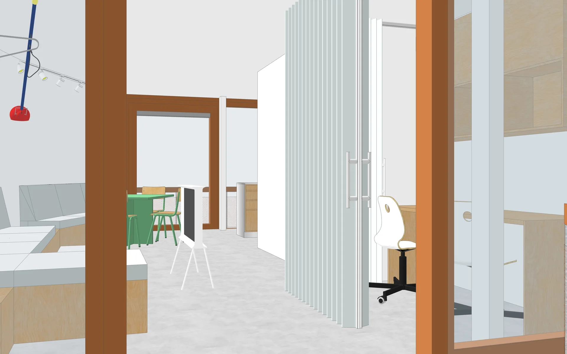 A 3D architectural rendering of a modern workspace featuring a white folding partition door, a desk with a white chair, and wood built-in shelving.