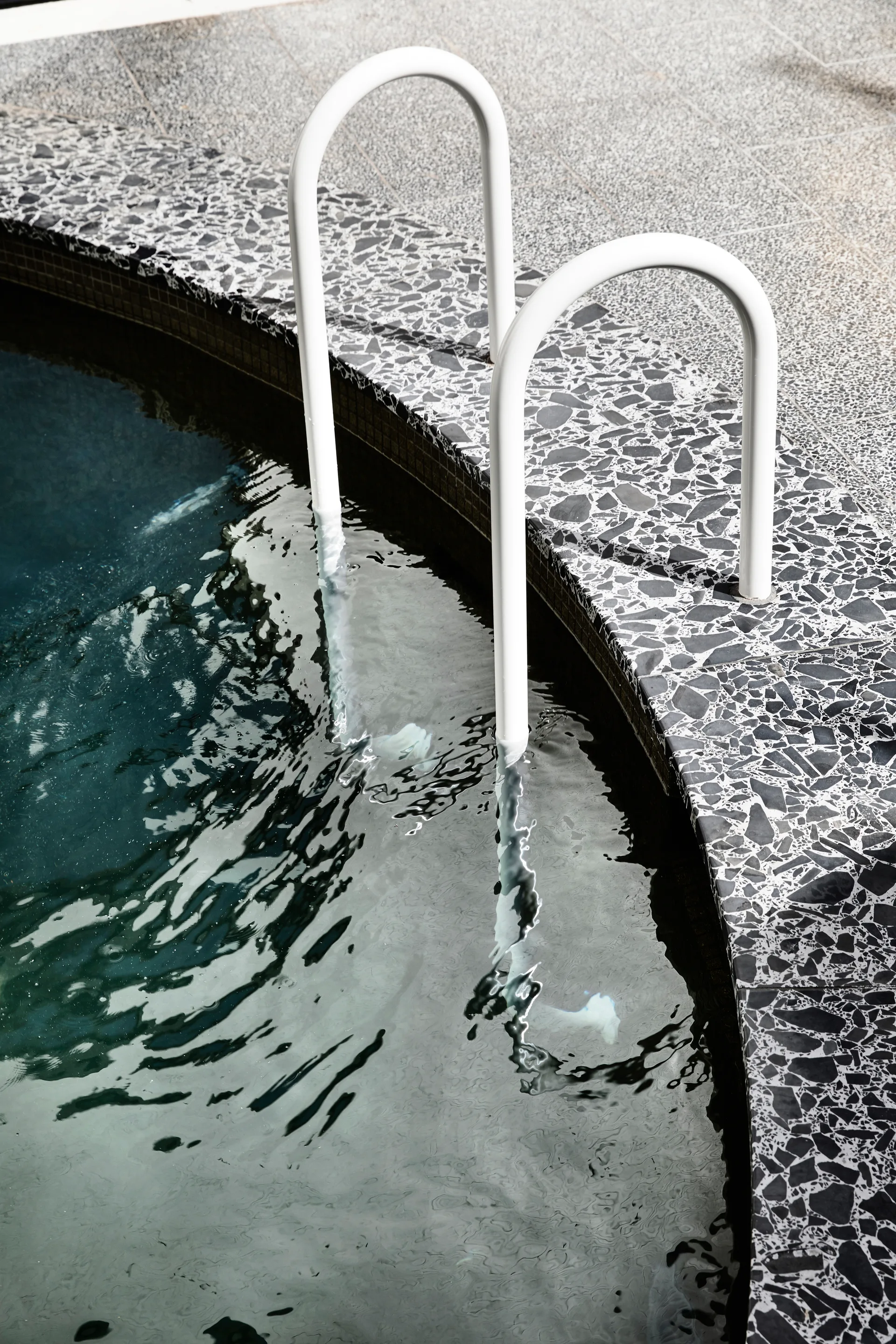 A curved swimming pool edge features a white metal ladder dipping into the water next to black and white terrazzo stone coping.