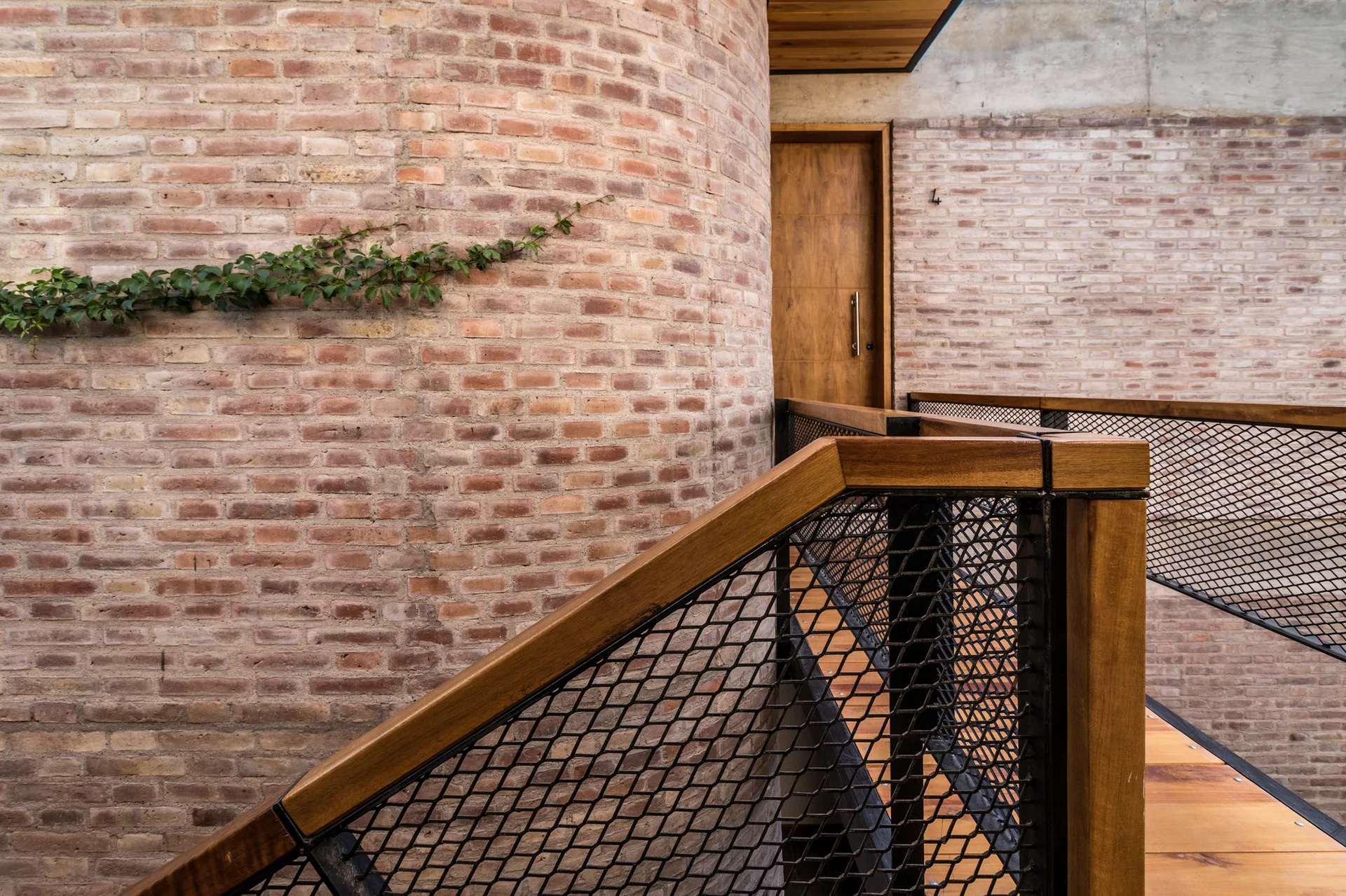 A modern hallway features a curved exposed brick wall with a small climbing vine, alongside a staircase with a wooden handrail and black metal mesh railing.