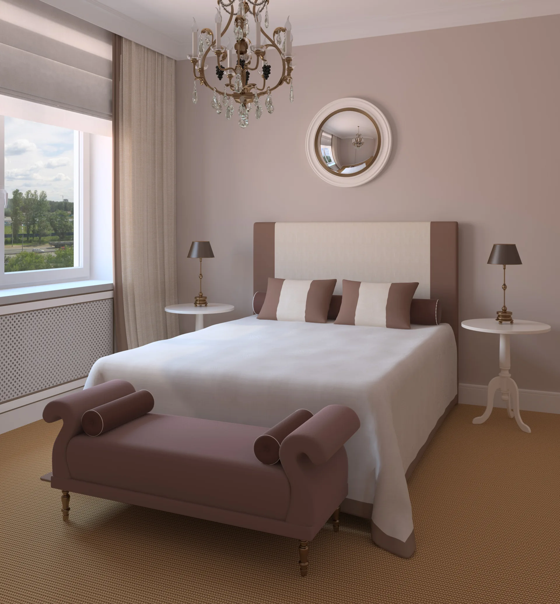 A symmetrical bedroom features an upholstered bed, a brown scroll-arm bench, matching white bedside tables with lamps, and a crystal chandelier.