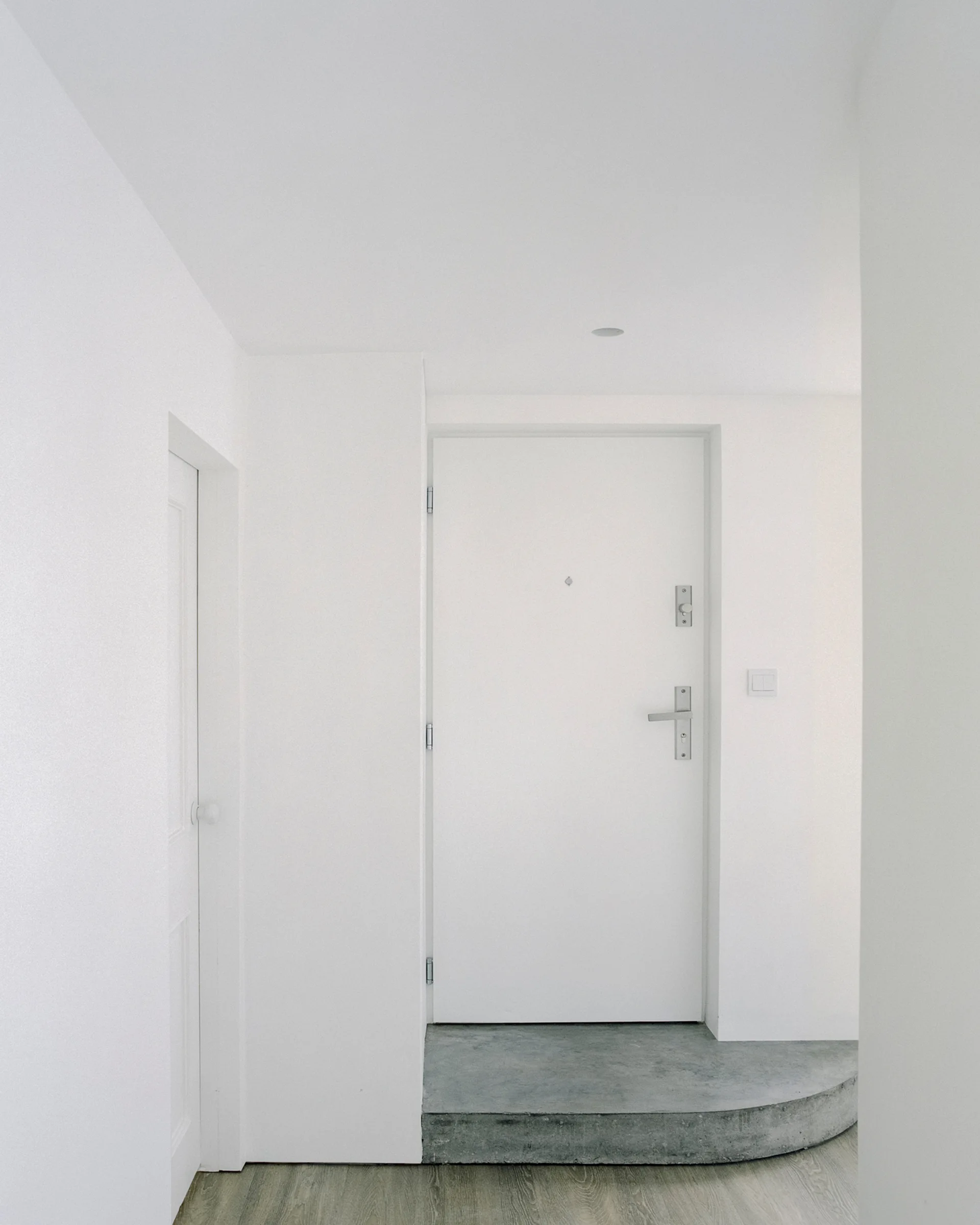 A minimalist entryway with a white door, white walls, and a curved grey stone threshold step.
