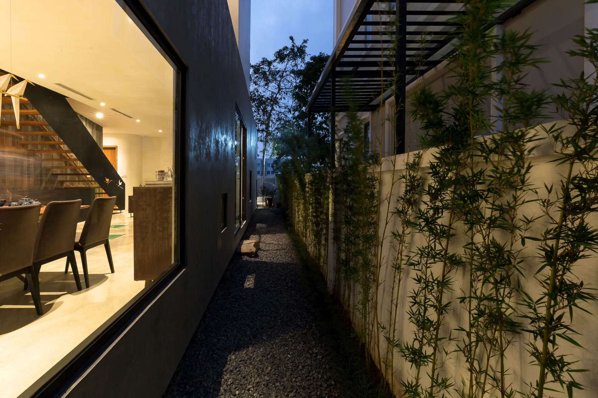 A narrow gravel side yard path features a row of tall bamboo plants along a white wall, adjacent to a large window viewing an illuminated dining room.
