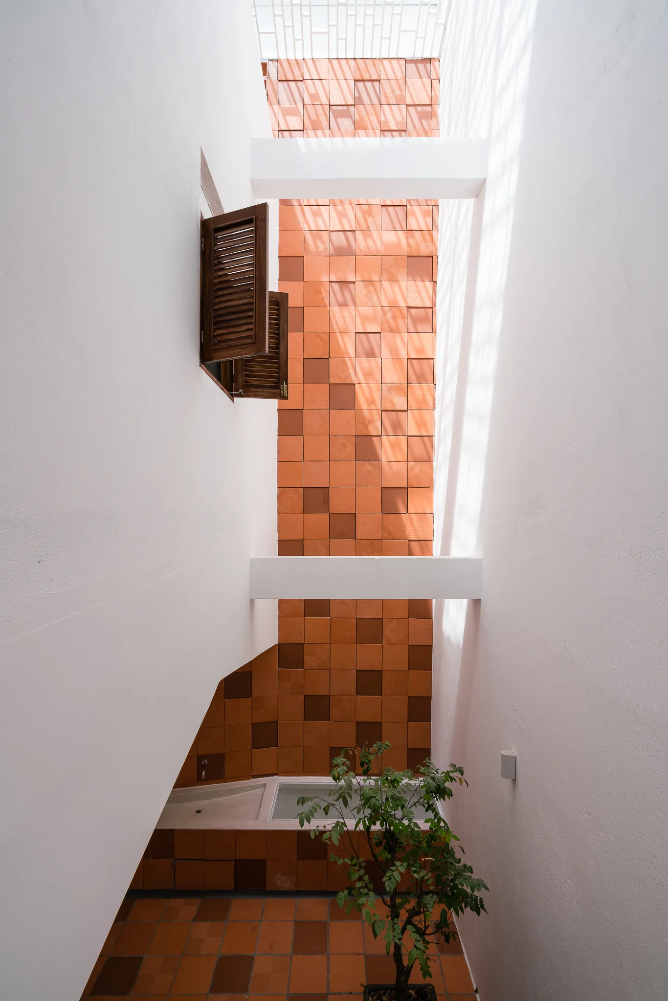 A high-angle view looking down a narrow white lightwell featuring a vertical terracotta-tiled accent wall and a dark wood louvered shutter.