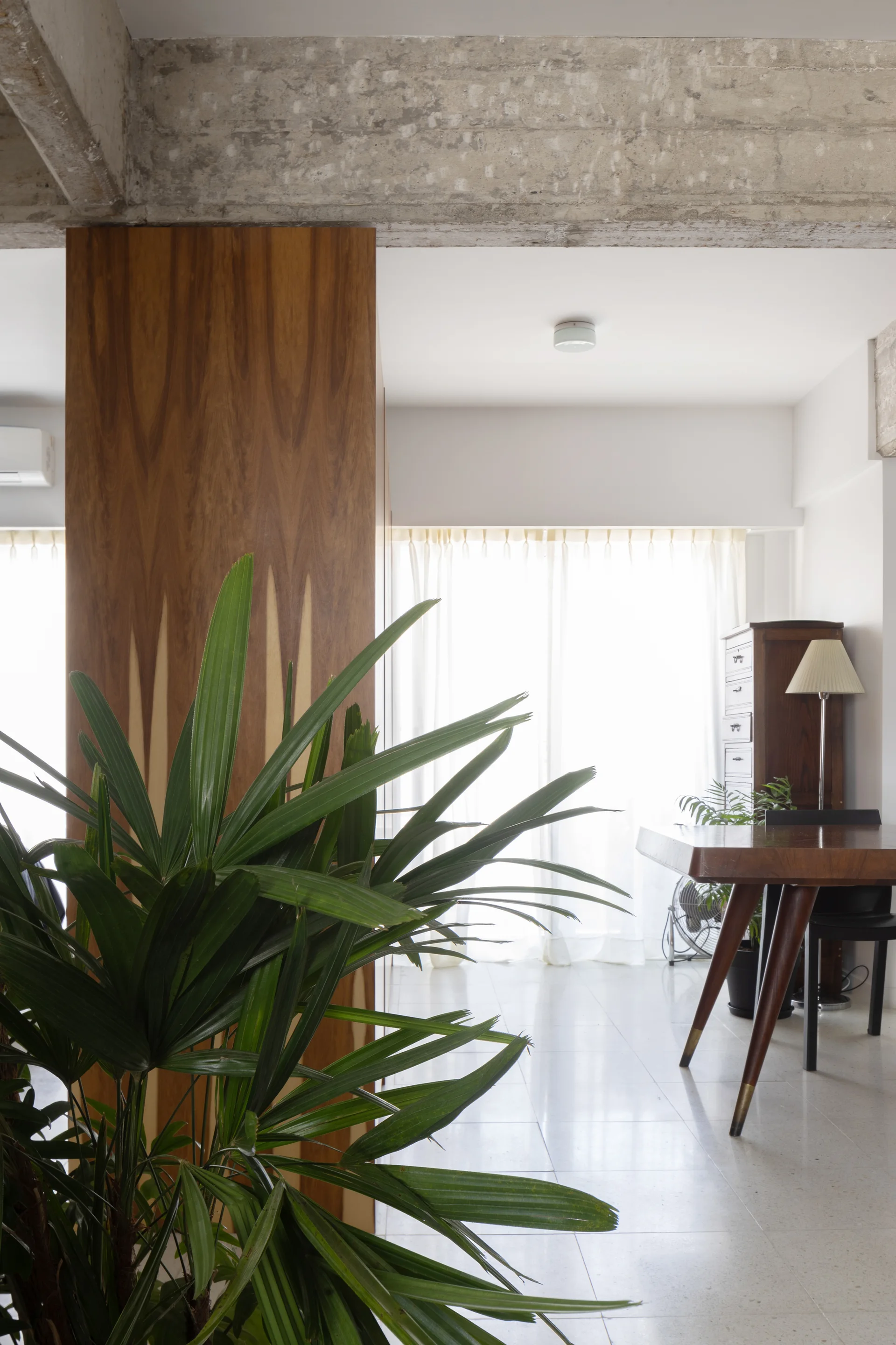 A dining room featuring an exposed concrete ceiling beam, a wood partition wall, a large green plant, and a mid-century wooden table near sheer white curtains.