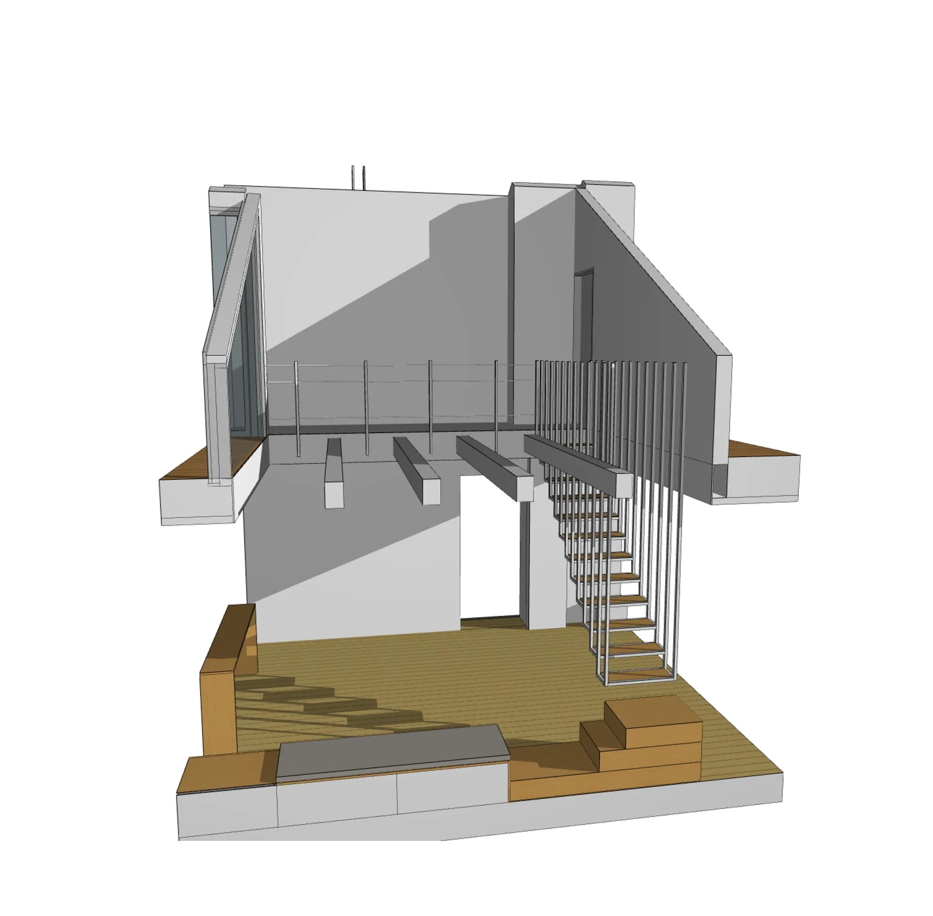 A 3D architectural render shows a minimalist interior featuring an open-riser wooden staircase with slender vertical metal balusters and a mezzanine level.