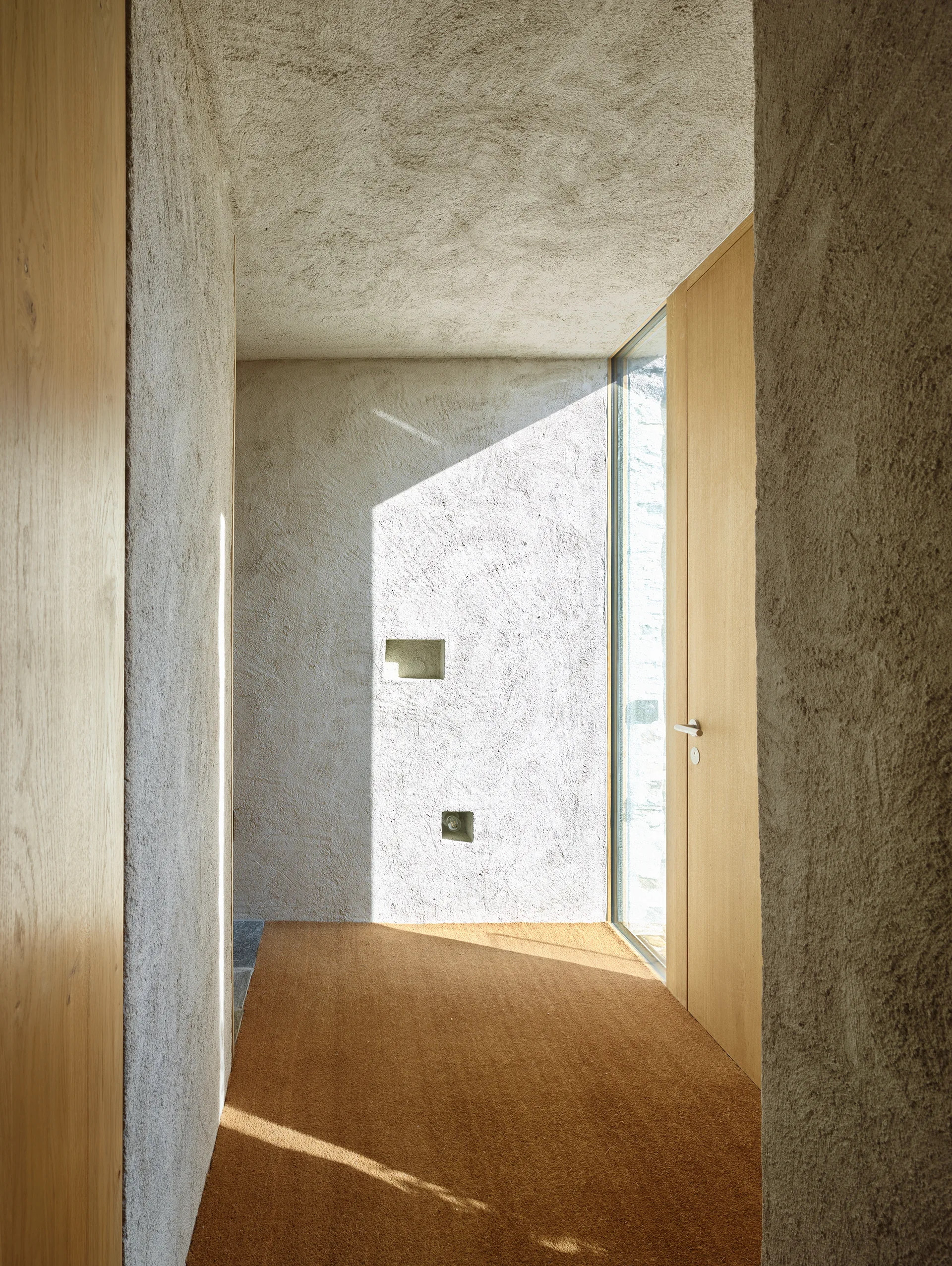 A minimalist hallway features coarse plaster walls, a light wood door, textured brown carpet, and natural light casting distinct shadows.