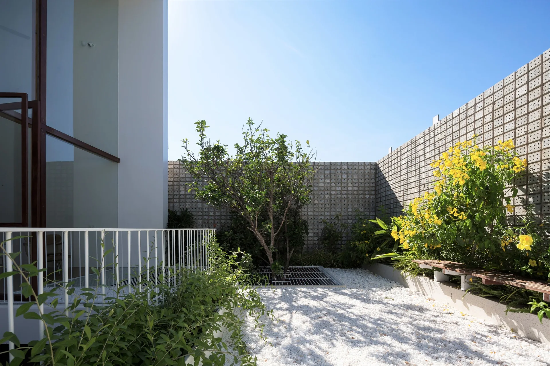 A bright outdoor courtyard features white gravel ground cover, a tall breeze block wall, a small tree, and a wooden bench with yellow flowers.