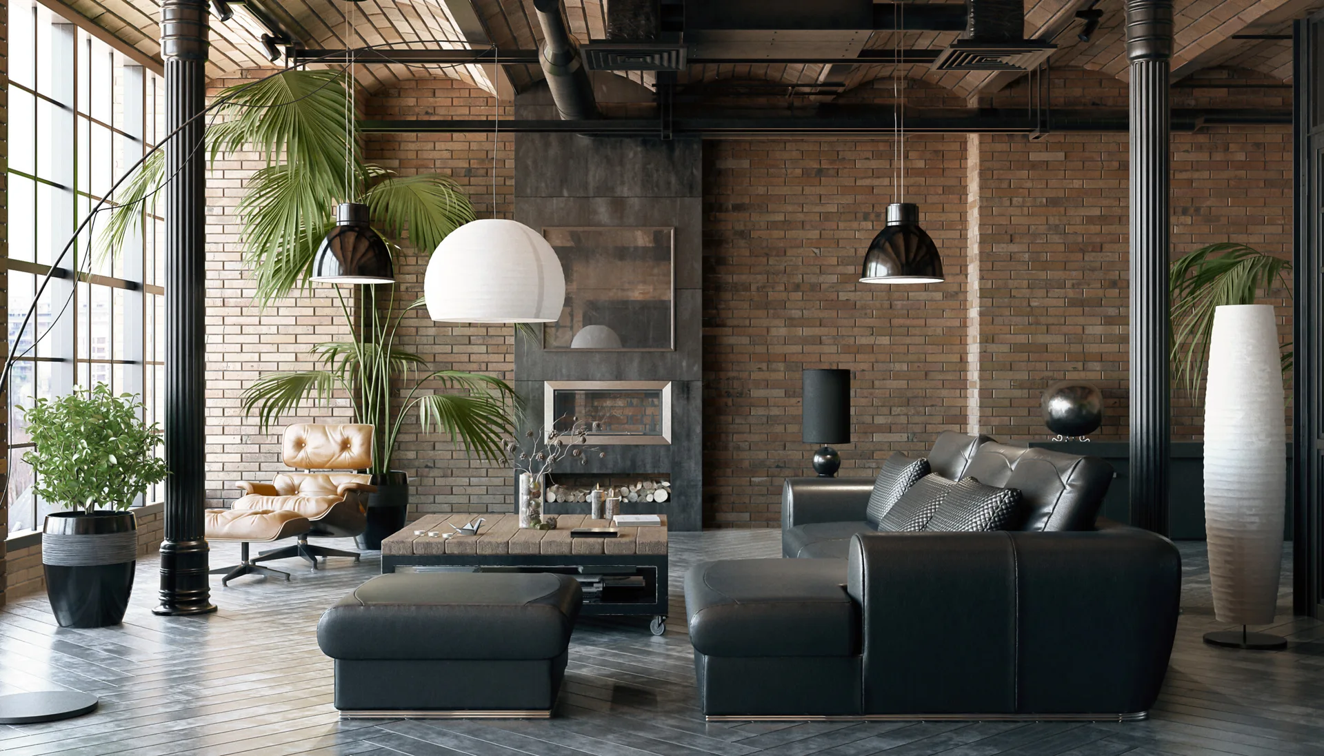 An industrial loft living room features exposed brick walls, fluted black columns, a dark leather sofa, and a wood coffee table.