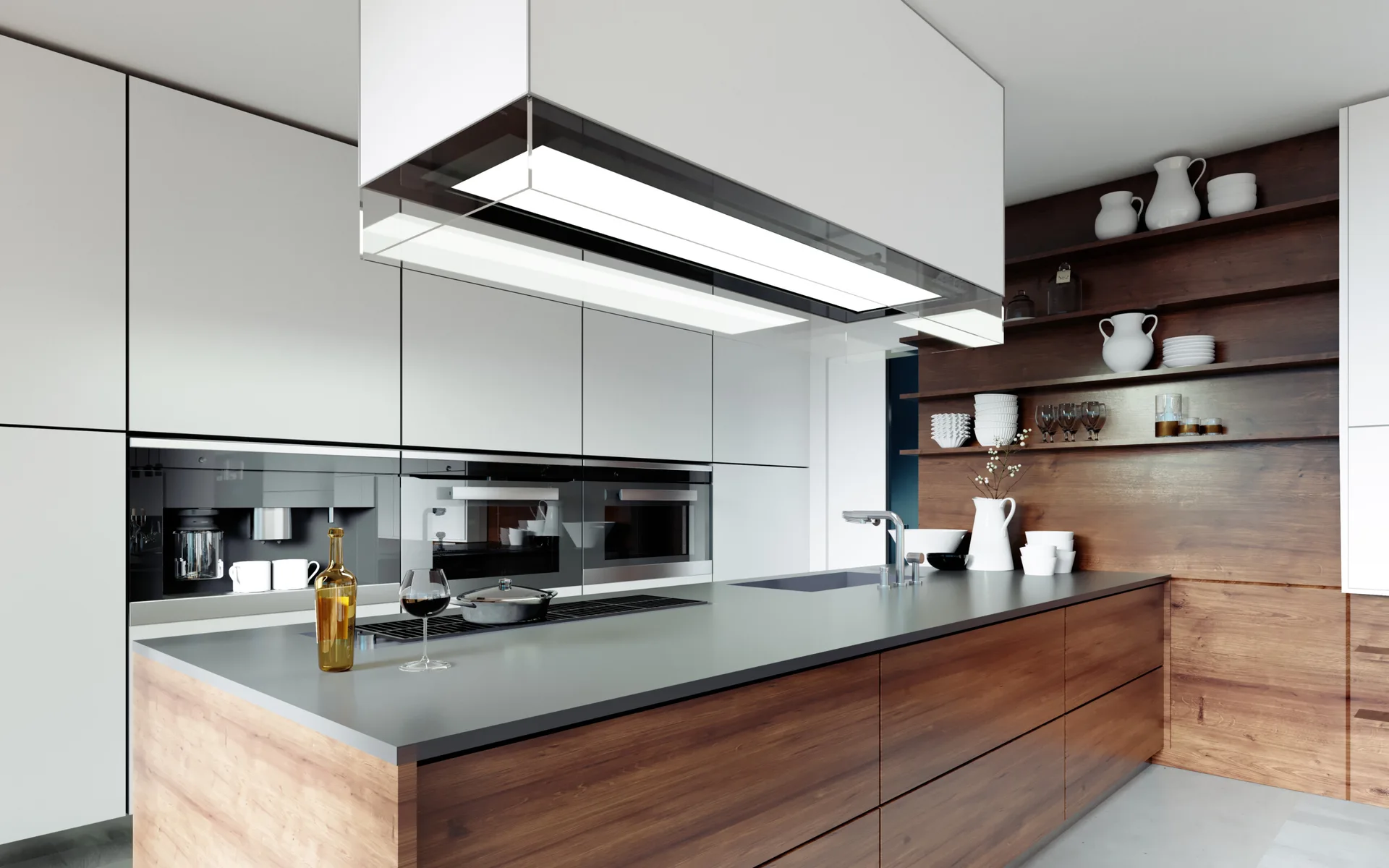 A contemporary minimalist kitchen featuring a wood grain island, sleek white flat-panel cabinetry, and open shelving styled with white ceramics.