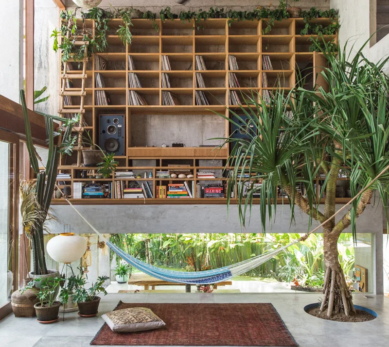 A concrete living room features a large wooden grid bookshelf, an indoor tree growing from the floor, and a blue suspended hammock.