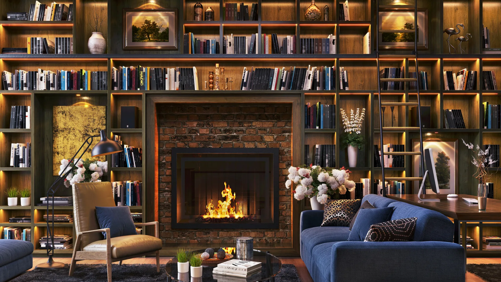 A home library featuring floor-to-ceiling dark wood bookshelves with warm LED lighting, a brick fireplace, a blue sofa, and a rolling wooden ladder.
