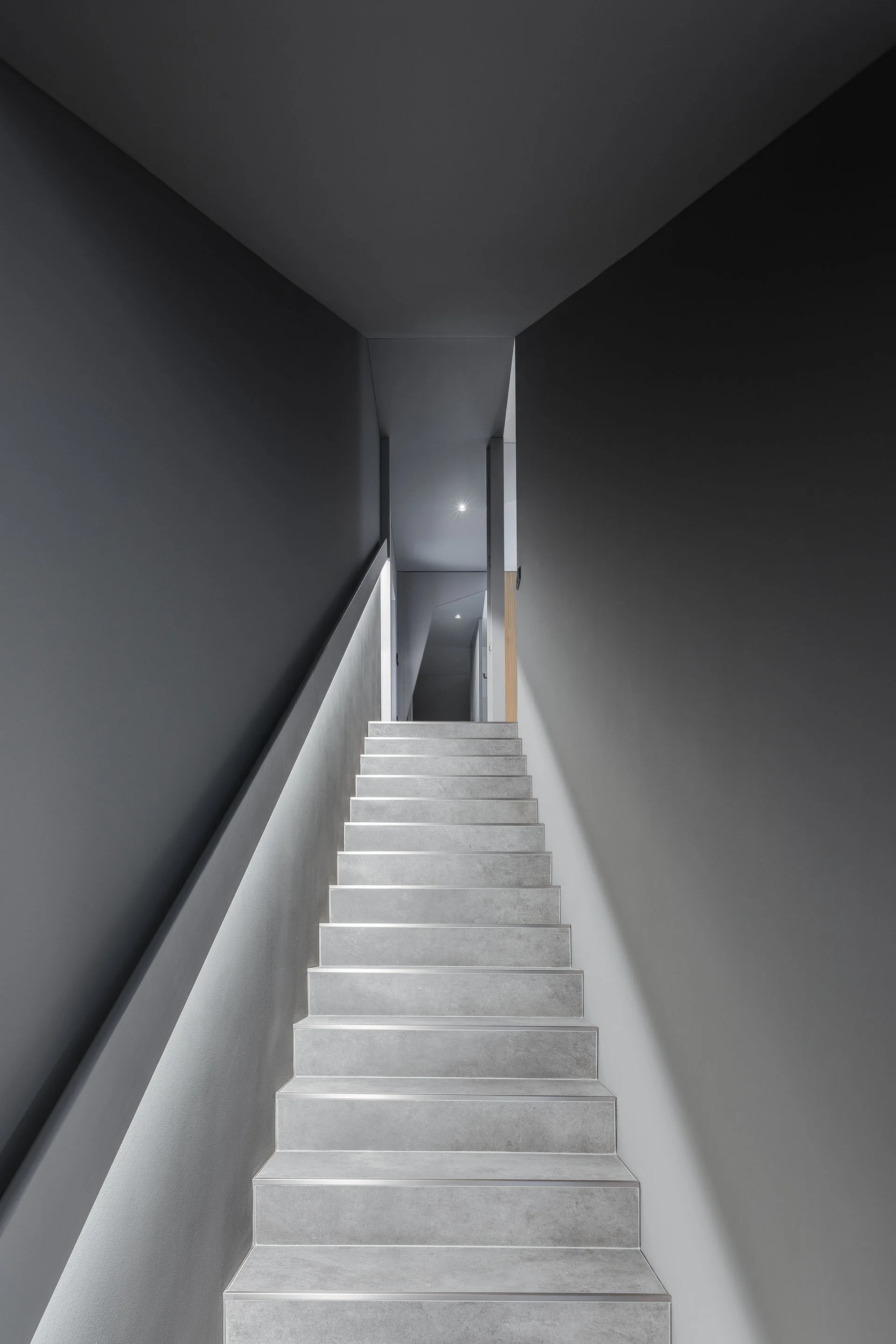A narrow staircase with concrete-textured steps is framed by dark grey walls and lit by an integrated handrail light strip.
