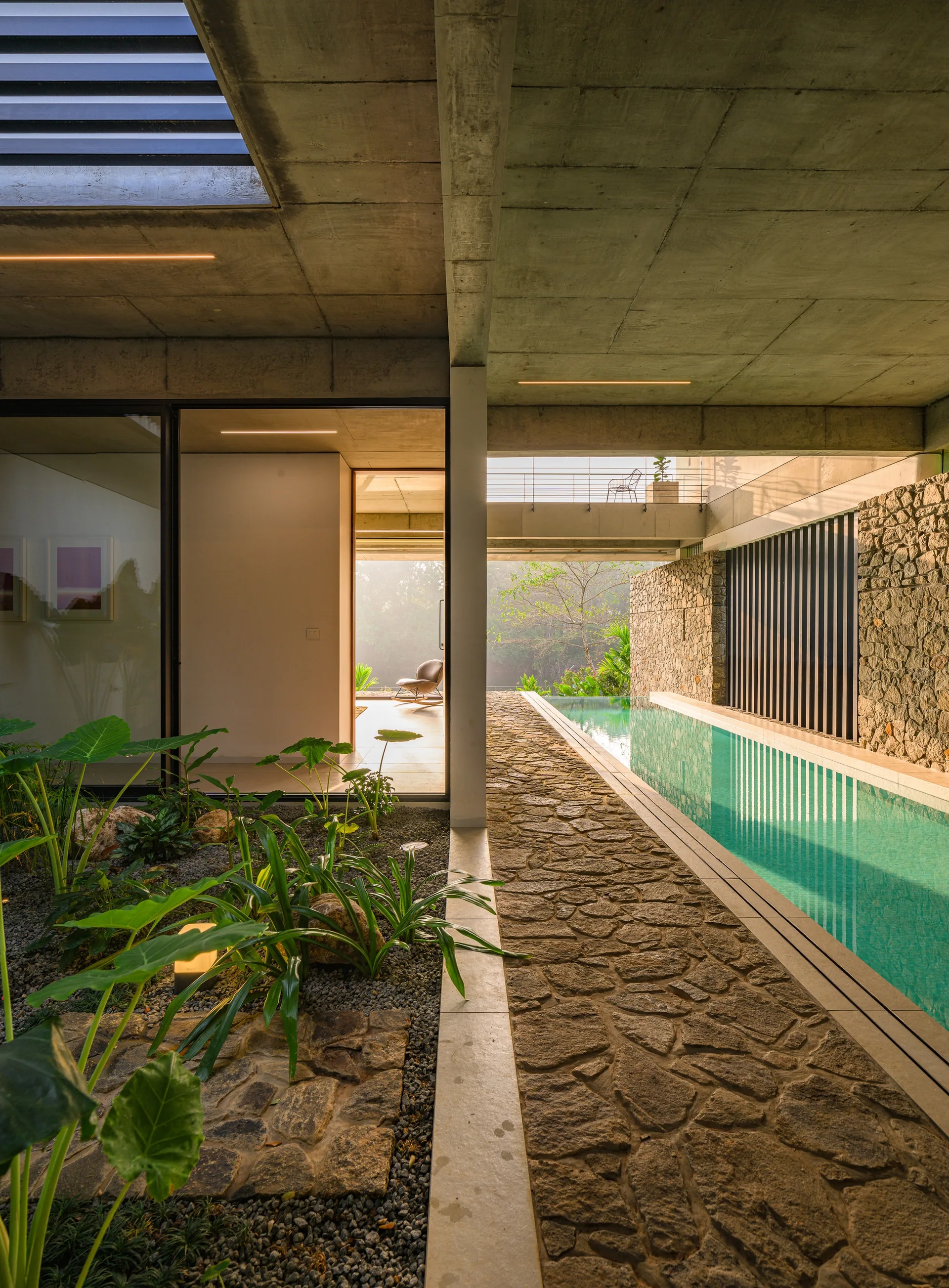 A narrow lap pool with turquoise water runs alongside an irregular stone path under a raw concrete ceiling and features an indoor-outdoor garden.