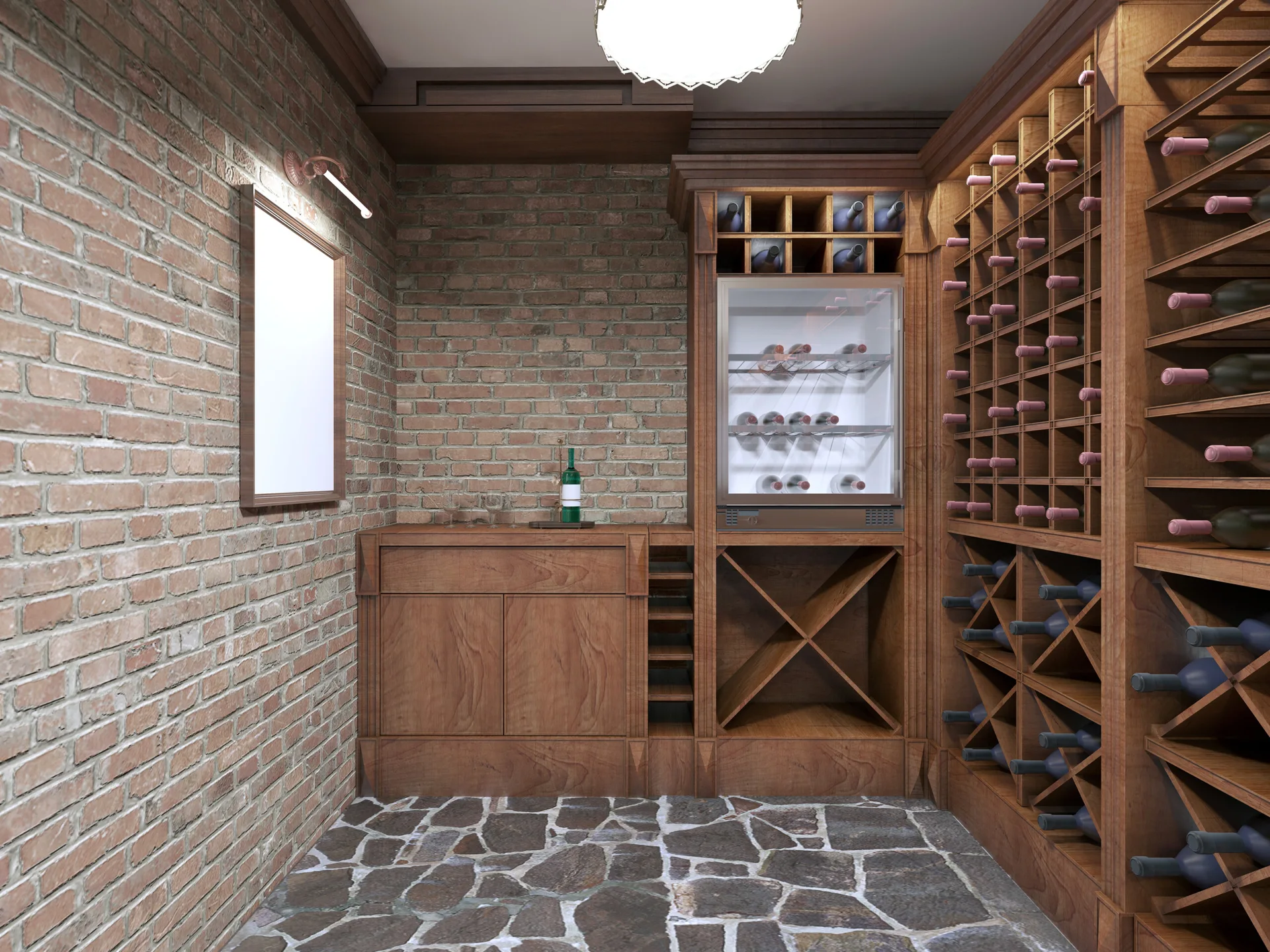 A home wine cellar featuring custom wood racking, an integrated cooler, exposed brick walls, and a flagstone floor.