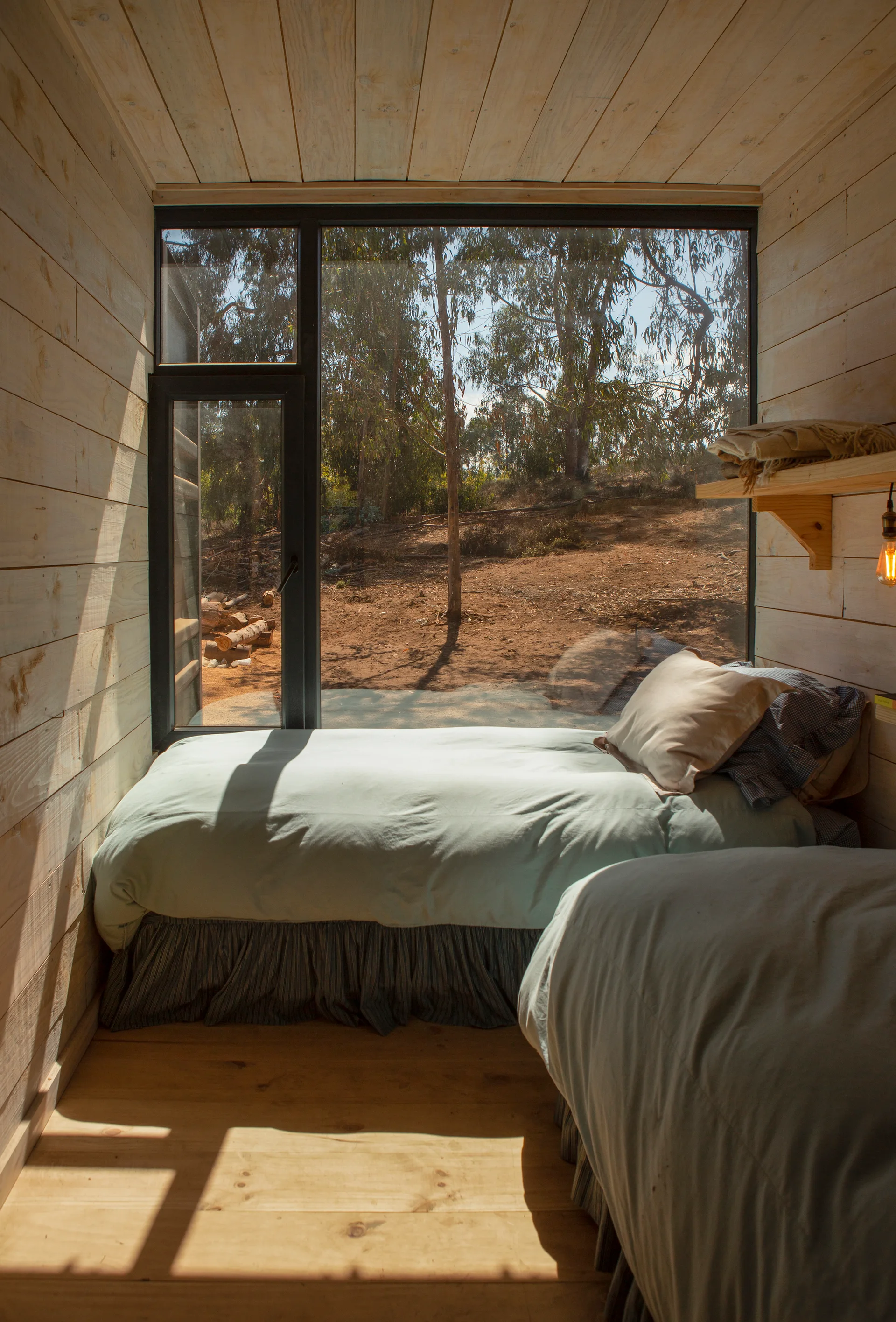 A compact cabin bedroom with light wood plank walls, twin beds with pale blue bedding, and a large window overlooking trees.
